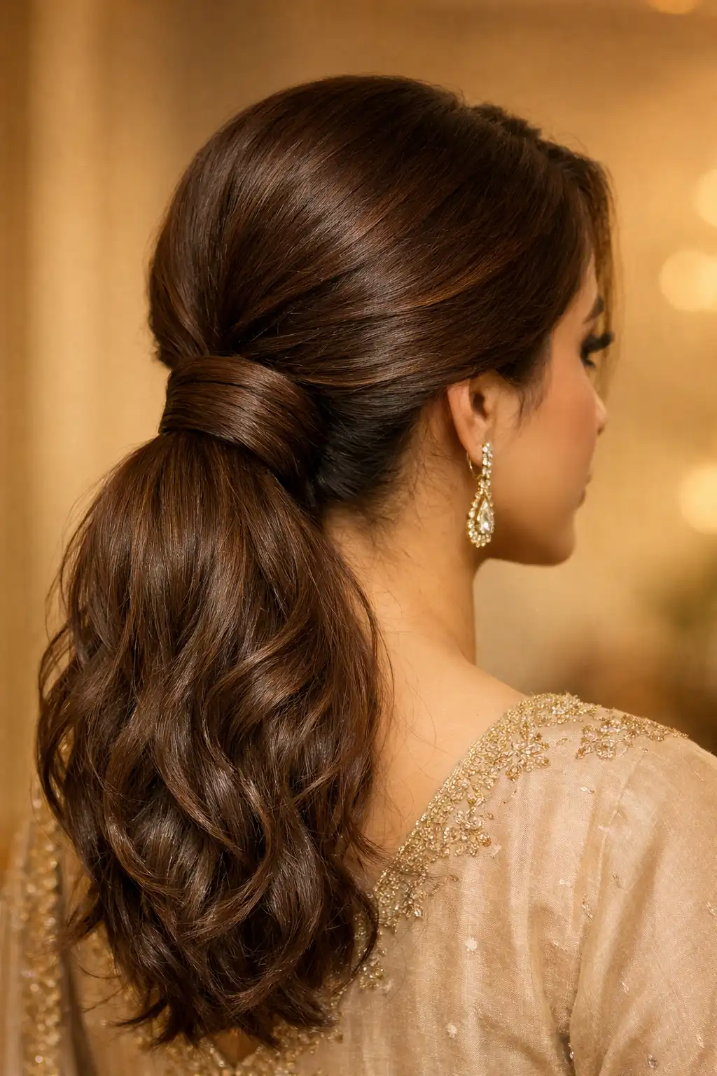Elegant wrapped low ponytail hairstyle with soft waves on medium hair for wedding guest look
