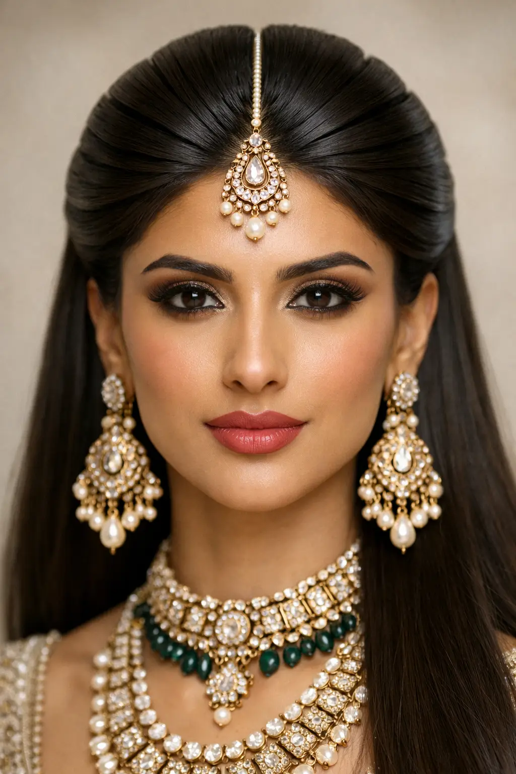 Bridal sleek straight hairstyle with sharp center part, subtle crown lift, smooth glossy strands falling evenly on both sides