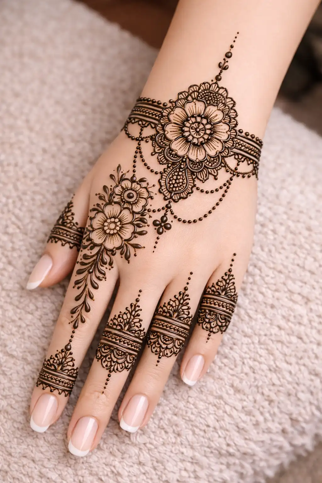 Royal floral chain back hand mehndi design with detailed finger patterns