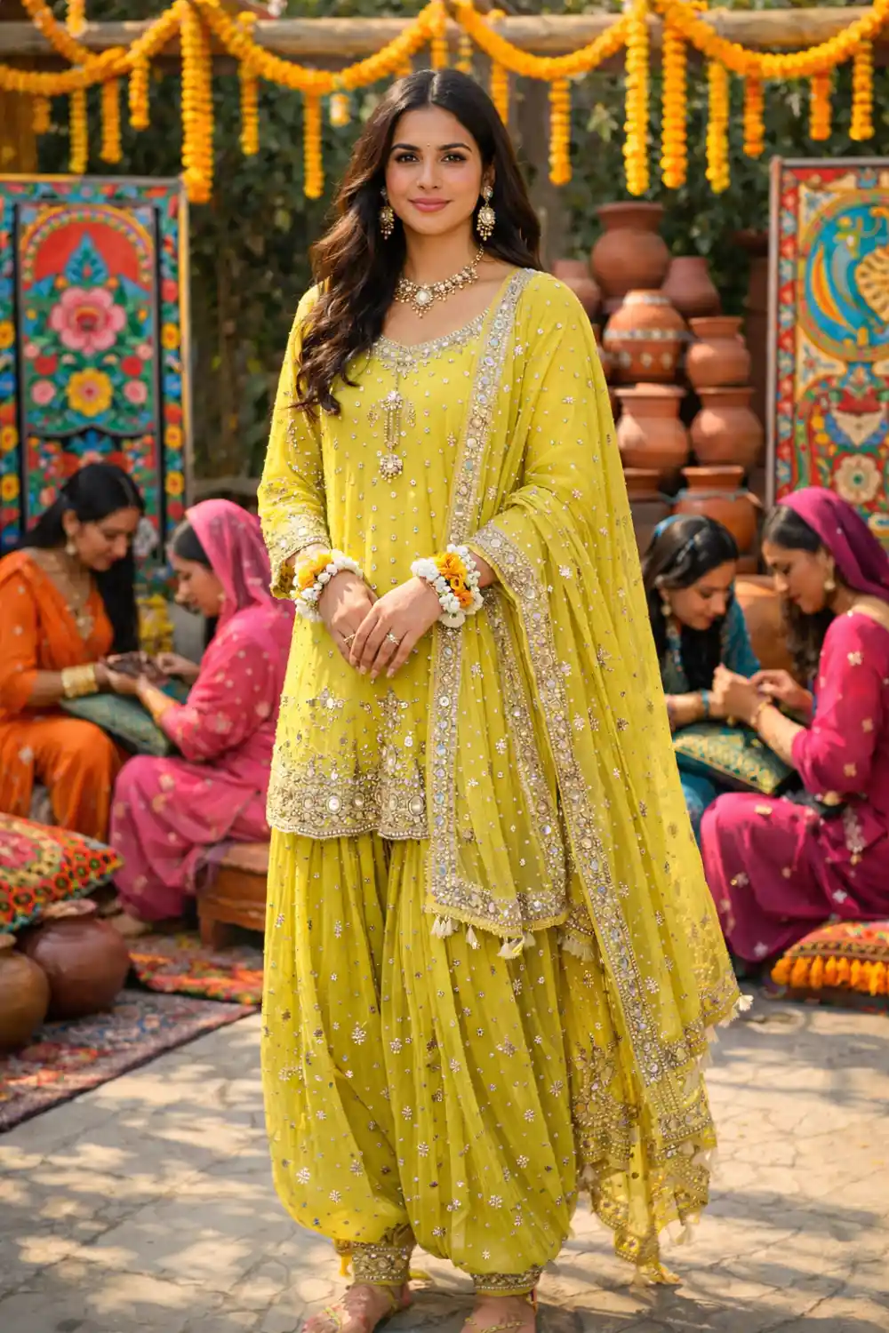 Lime yellow patiala bridal mehndi dress festive Pakistani style