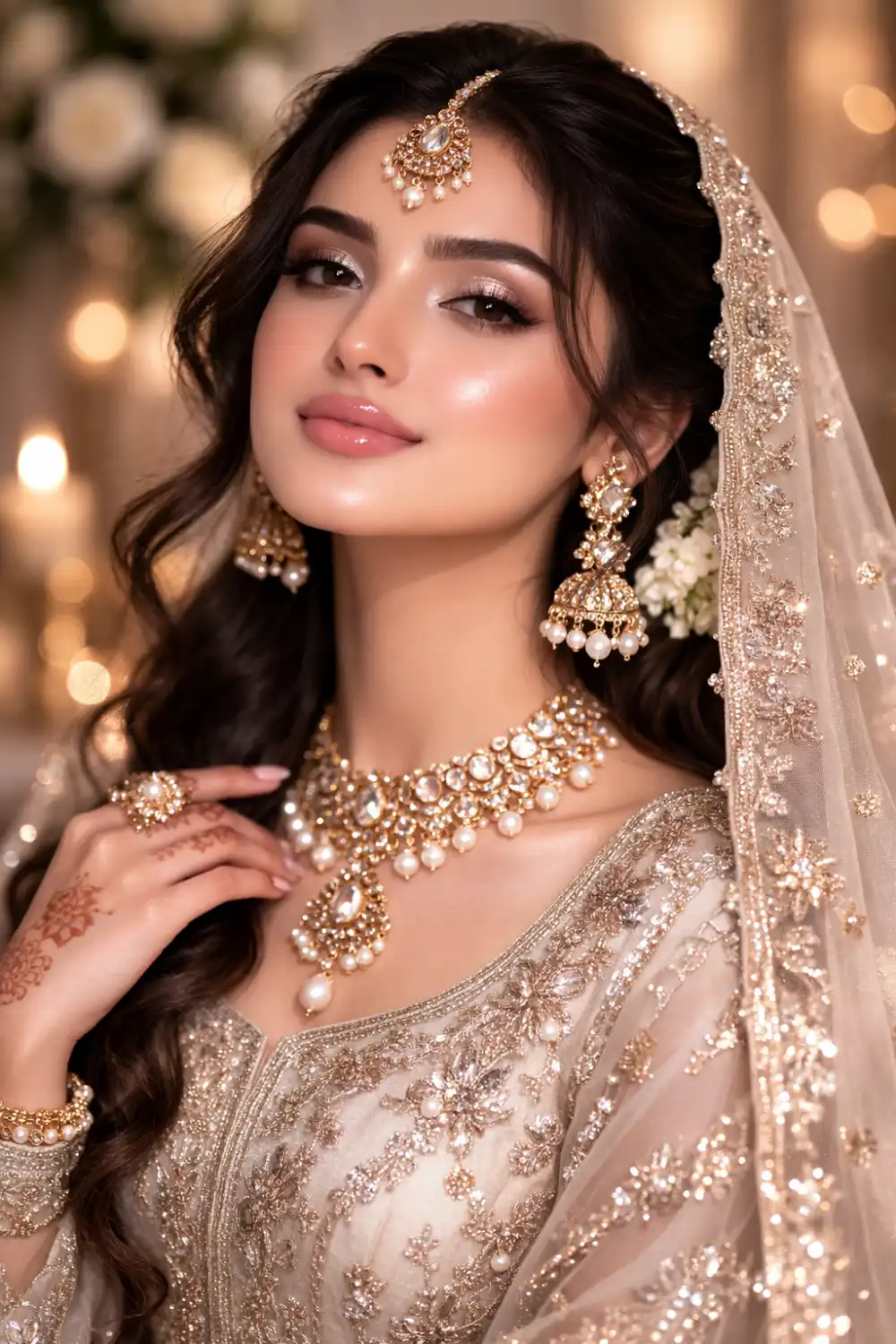 radiant soft glam bridal makeup look with glossy nude lips