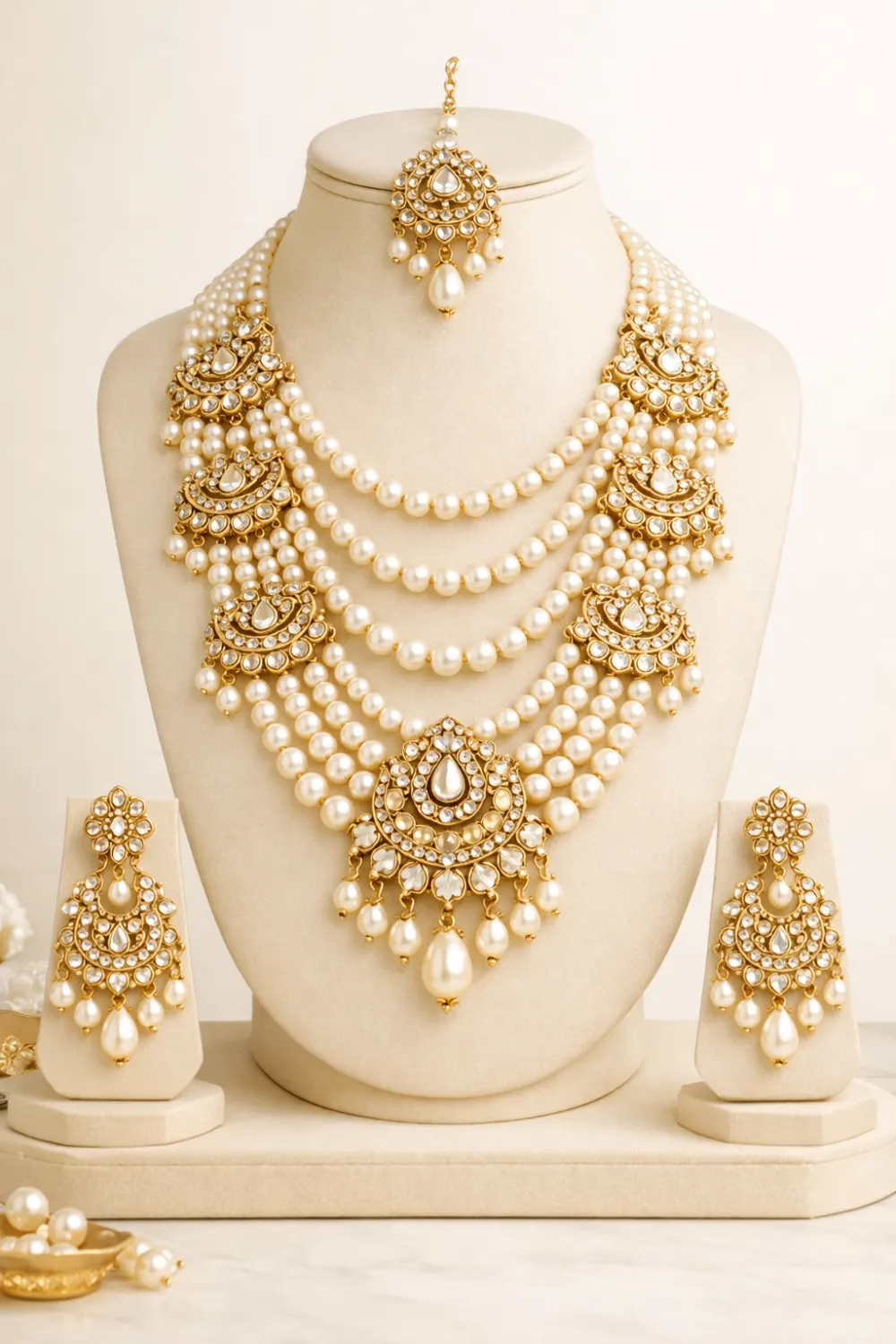 Layered pearl kundan bridal mehndi jewelry set with statement pendant