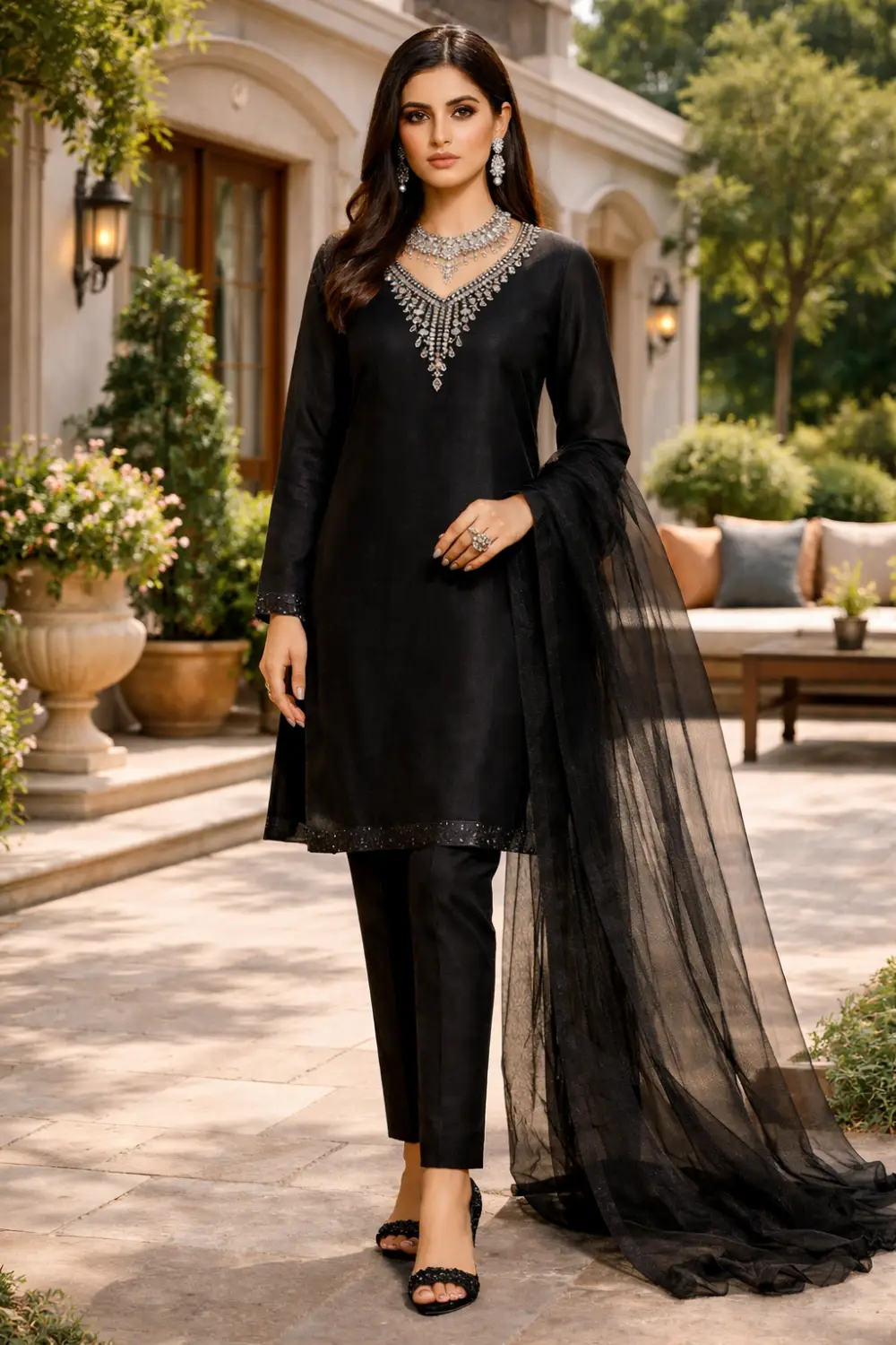 Classic black elegant Eid suit for women with statement neckline and sheer dupatta, modern Pakistani formal outfit