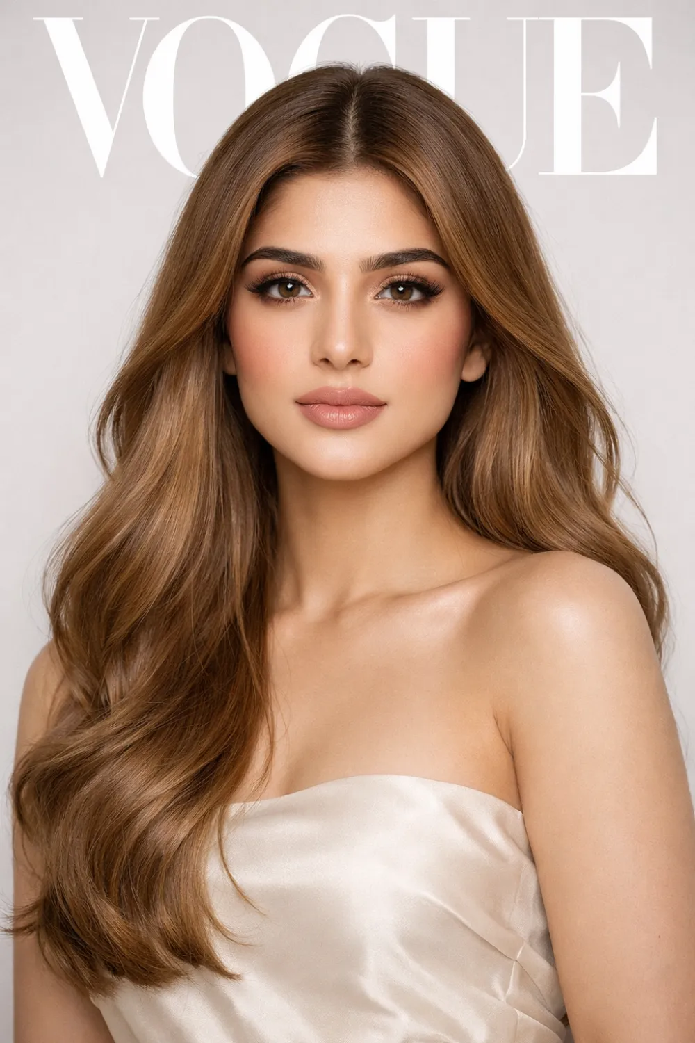 golden caramel brown hair color glossy Pakistani model long dimensional waves