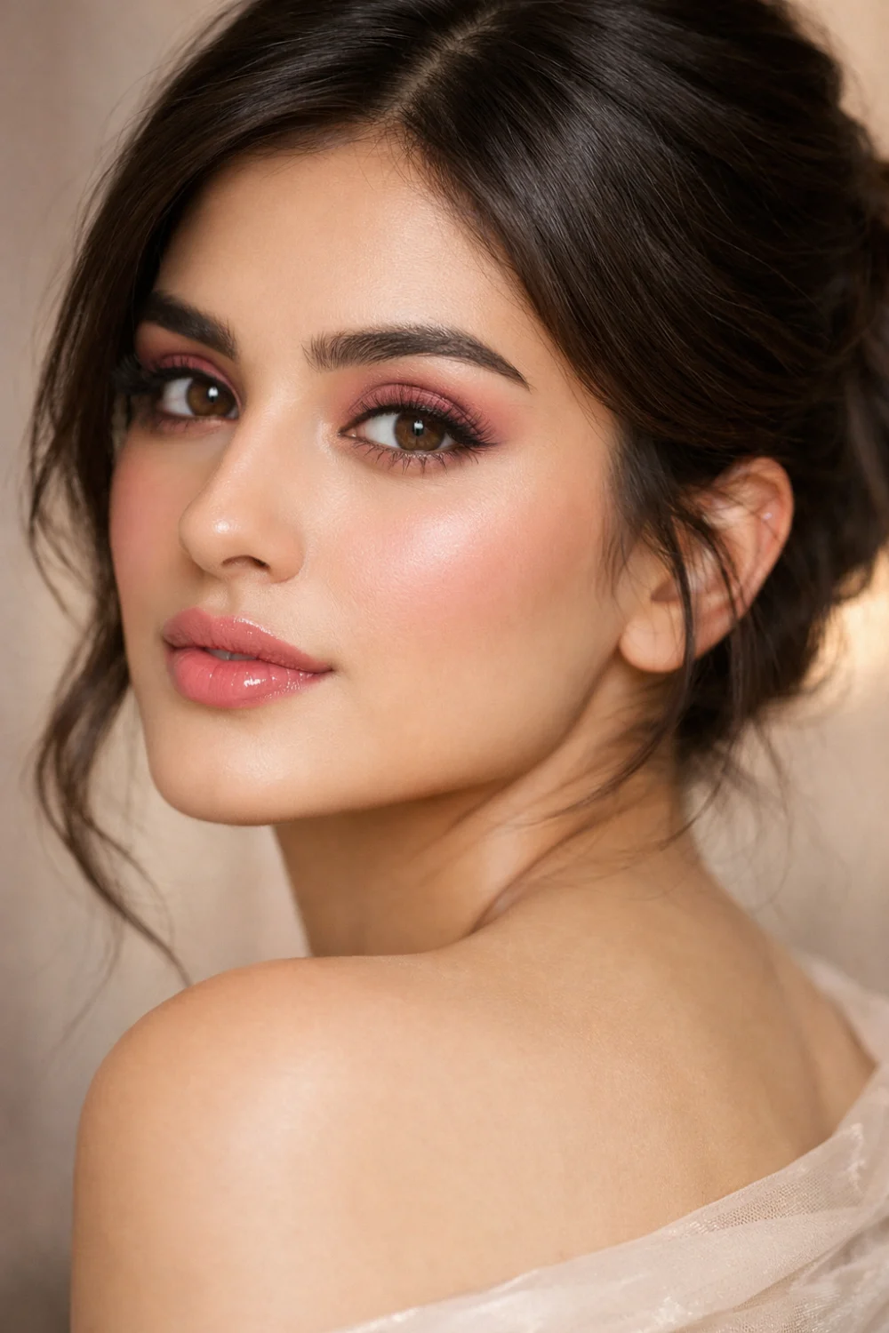 Romantic blush full glam makeup with pink toned eyeshadow, dramatic lashes, clean eyeliner, smooth matte skin, rosy cheeks, and glossy rose lips