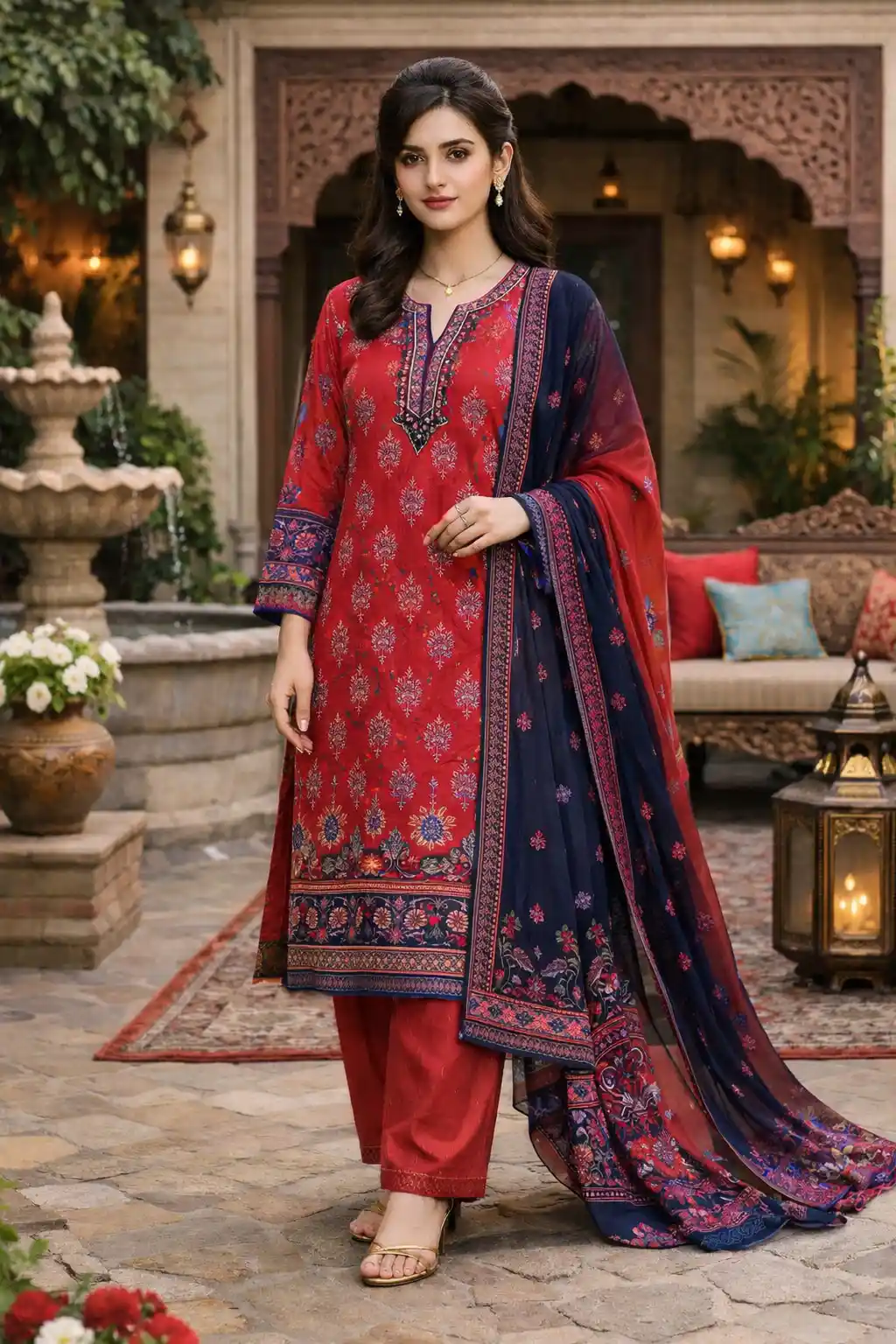 Ruby red printed kurta set with navy blue dupatta bold traditional Eid outfit for girls