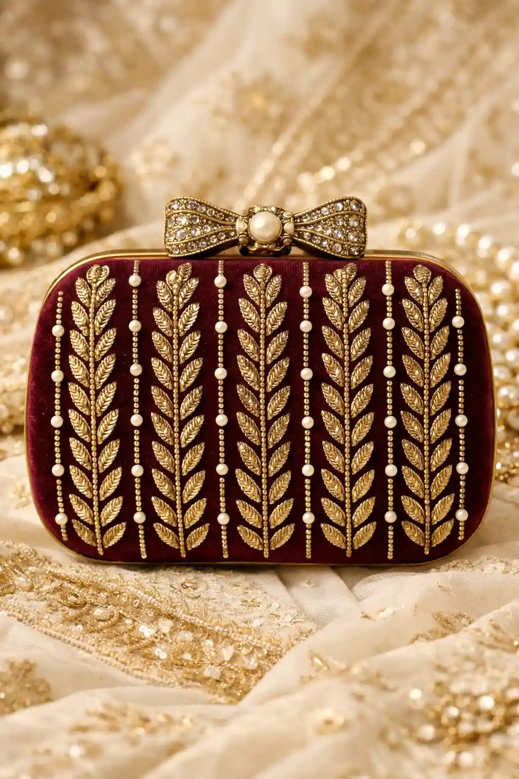 Maroon velvet gold leaf bridal box clutch with pearl accents and jeweled bow clasp luxury wedding handbag