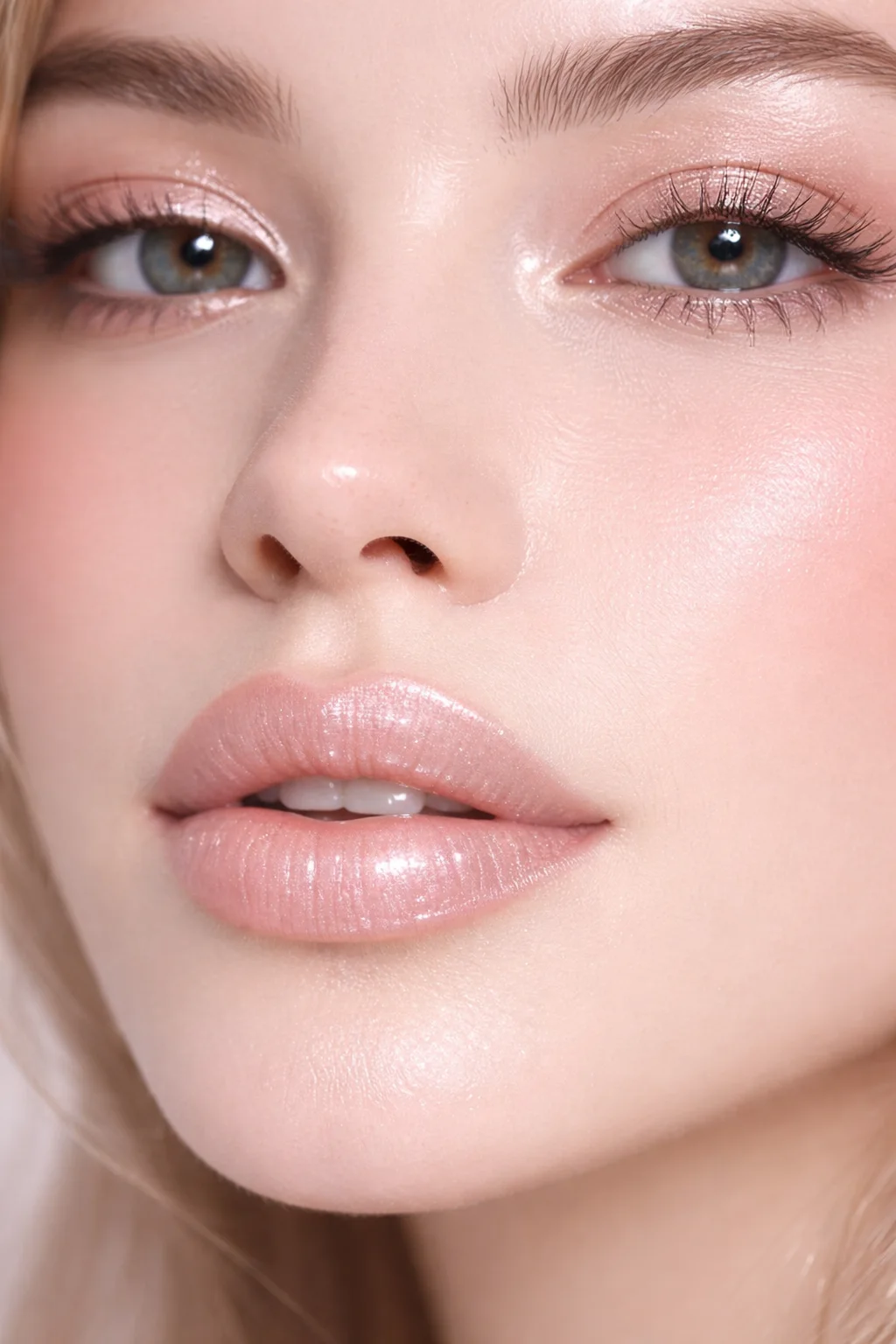 champagne nude lipstick with shimmer glossy dewy glowing lips close up