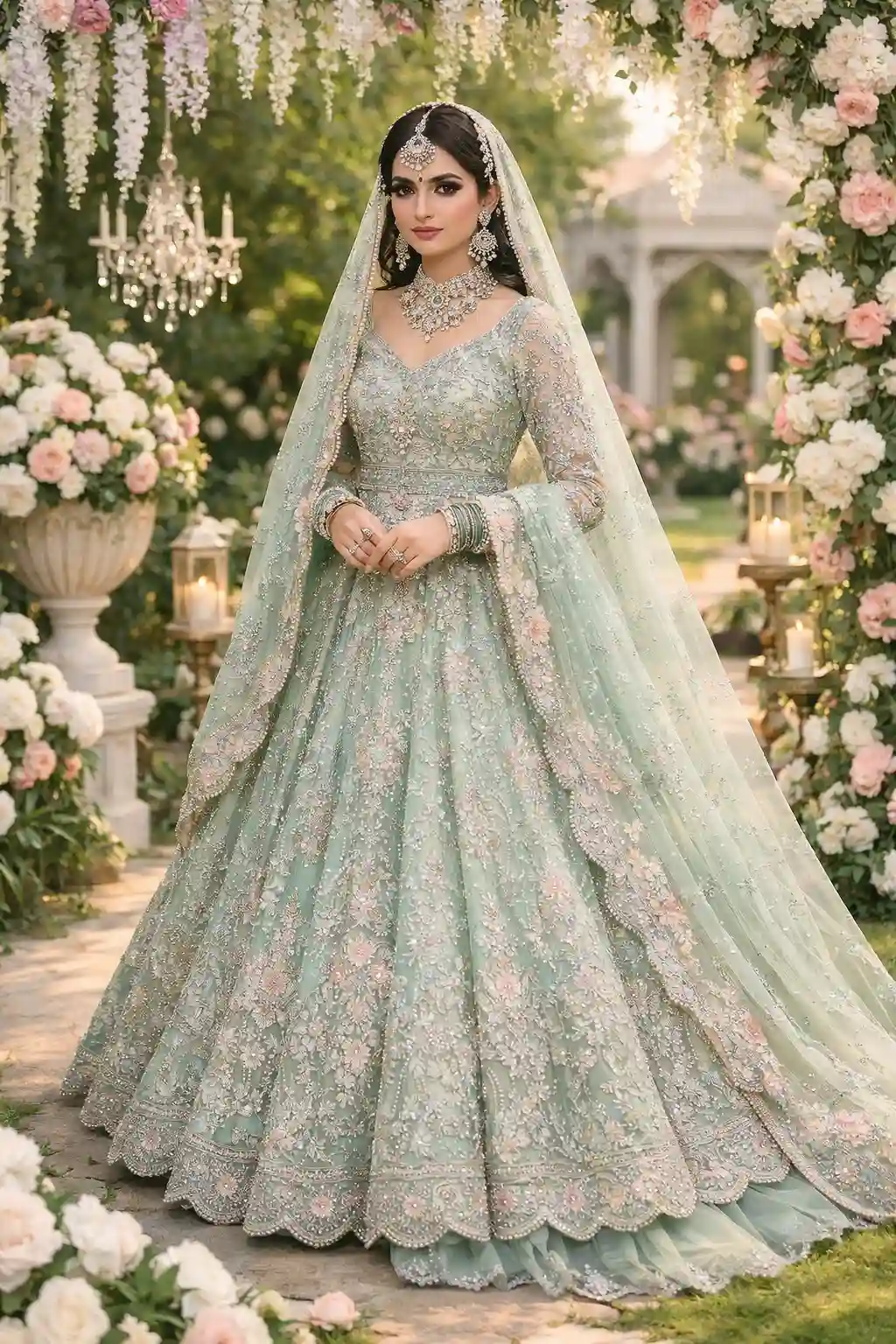 mint green pastel bridal lehenga silver floral embroidery soft dupatta garden wedding aesthetic