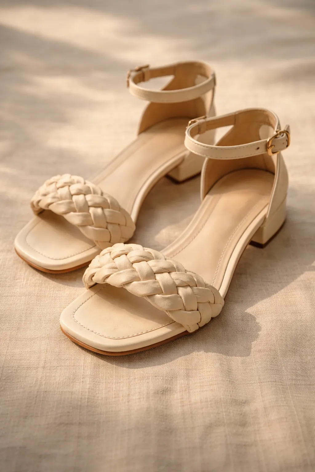 Cream braided low heel girls sandal with ankle strap and textured front