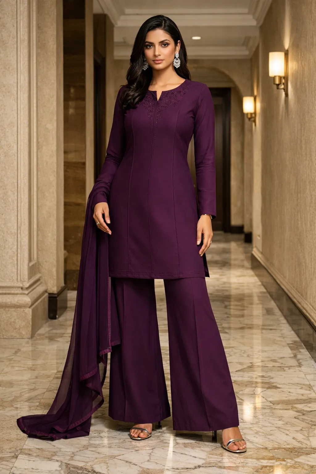 Deep plum minimal straight sharara set