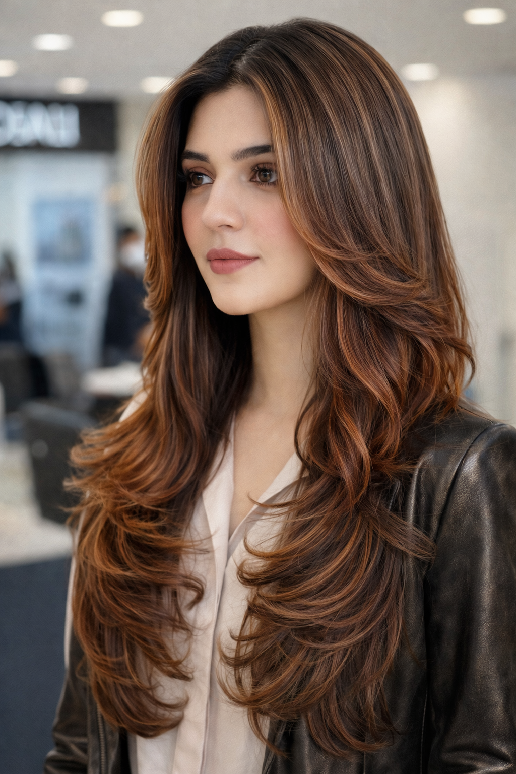 Layered copper brown long hair with soft curls warm dimensional highlights textured modern look