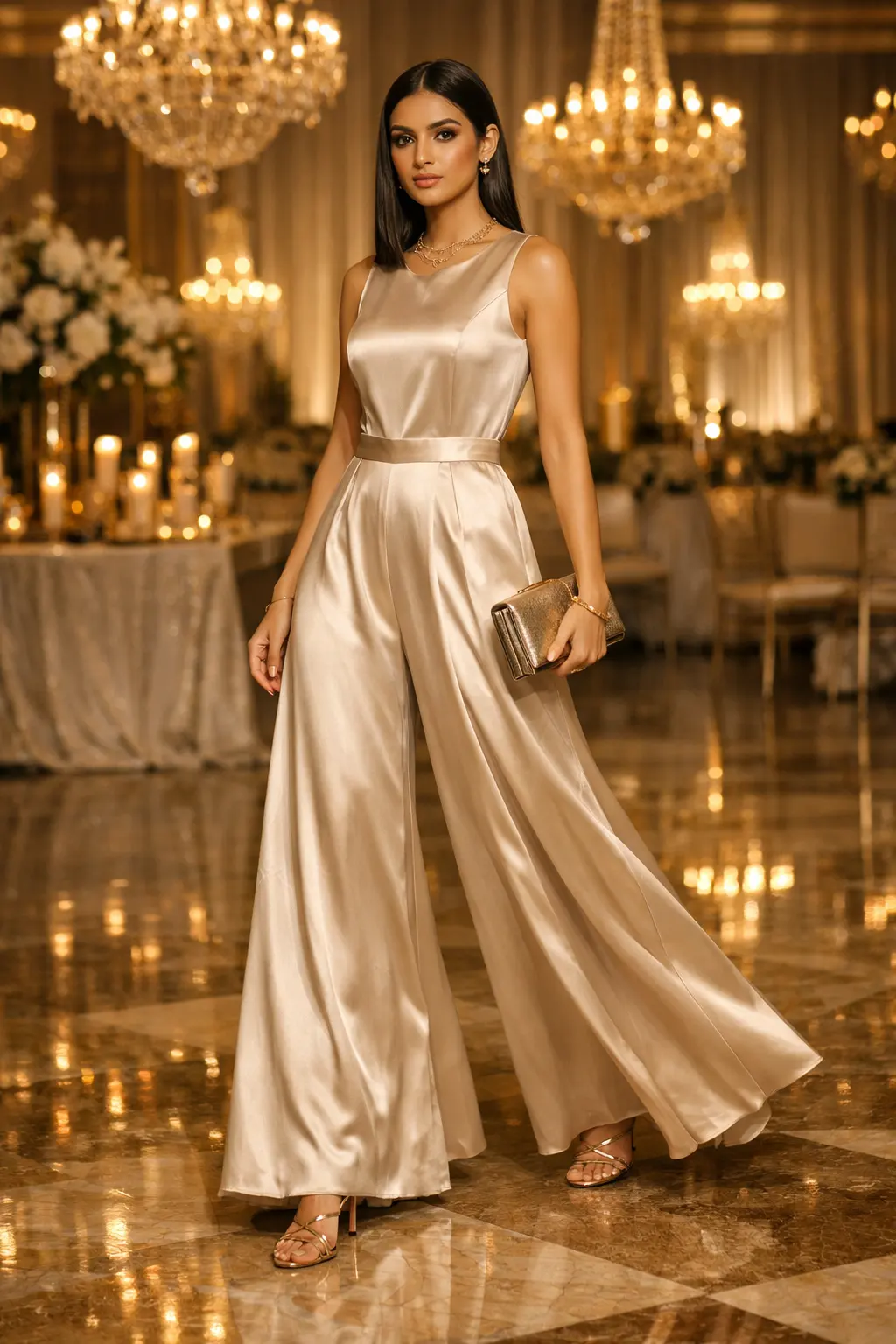 elegant satin wide leg jumpsuit styled inside luxury wedding hall