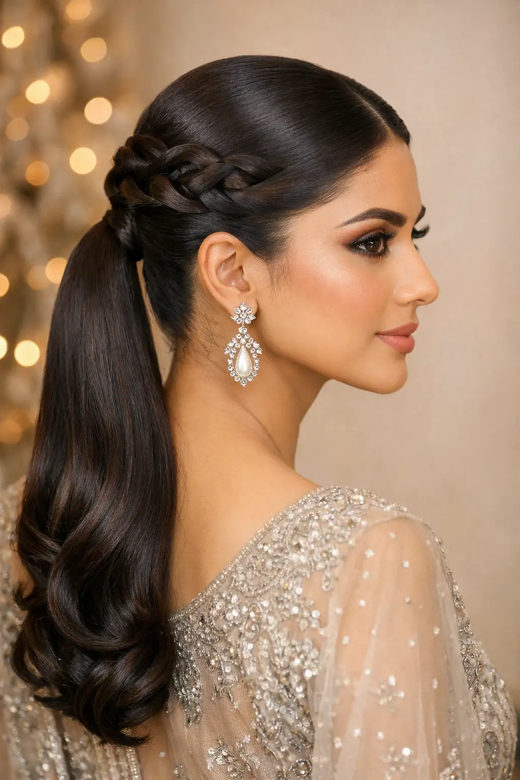 Braided crown sleek ponytail hairstyle on medium hair for bridal and reception events