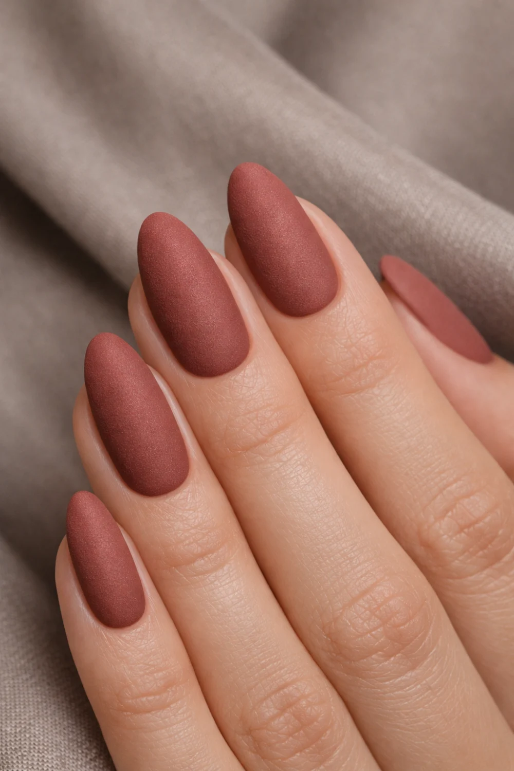 matte cocoa nude almond nails deep neutral formal manicure fall elegant nail look