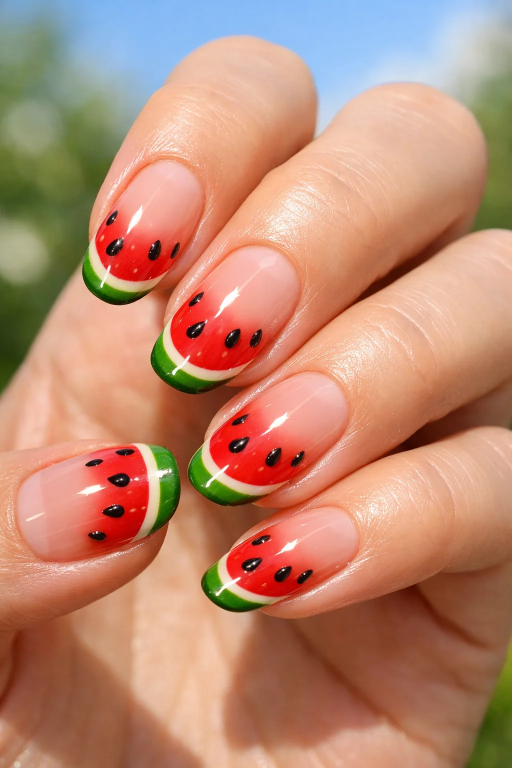 Nude nails with watermelon French tips red green fruit nail art cute playful summer manicure design
