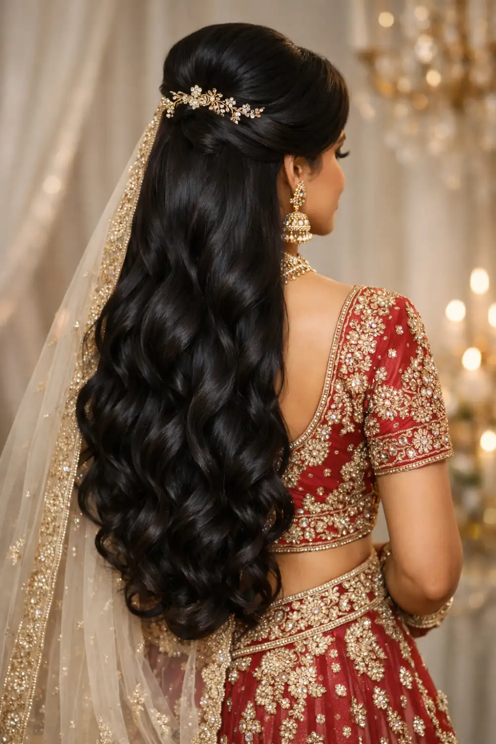 traditional bridal half up half down wedding hairstyle with long waves