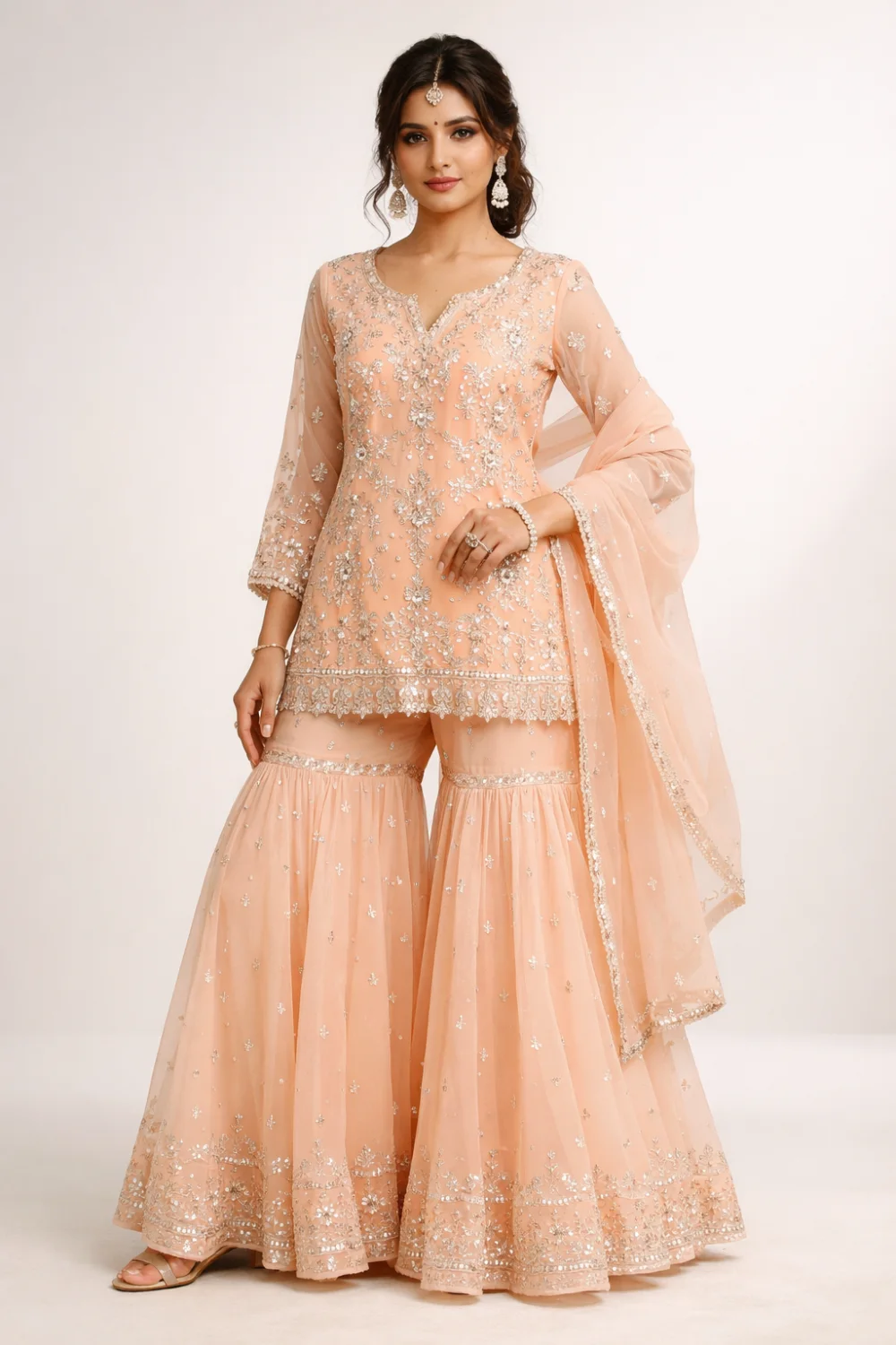 Peach embellished sharara set for women with flared pants and detailed kurta, traditional Pakistani Eid outfit