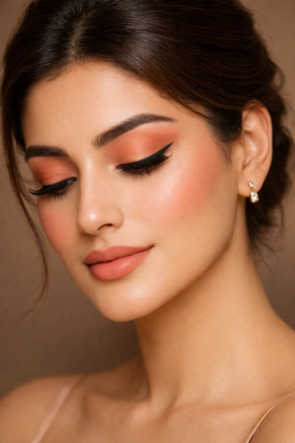 Warm peach full glam makeup look with peach eyeshadow, flutter lashes, sharp wing liner, matte base, peach blush, and nude peach lips