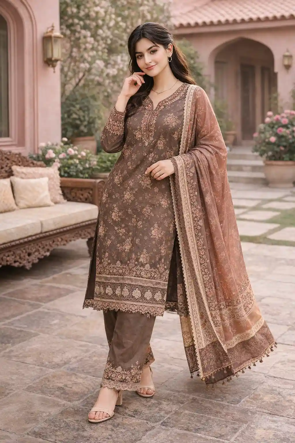 Chocolate brown printed suit with matching dupatta lace borders modest elegant Eid outfit for girls
