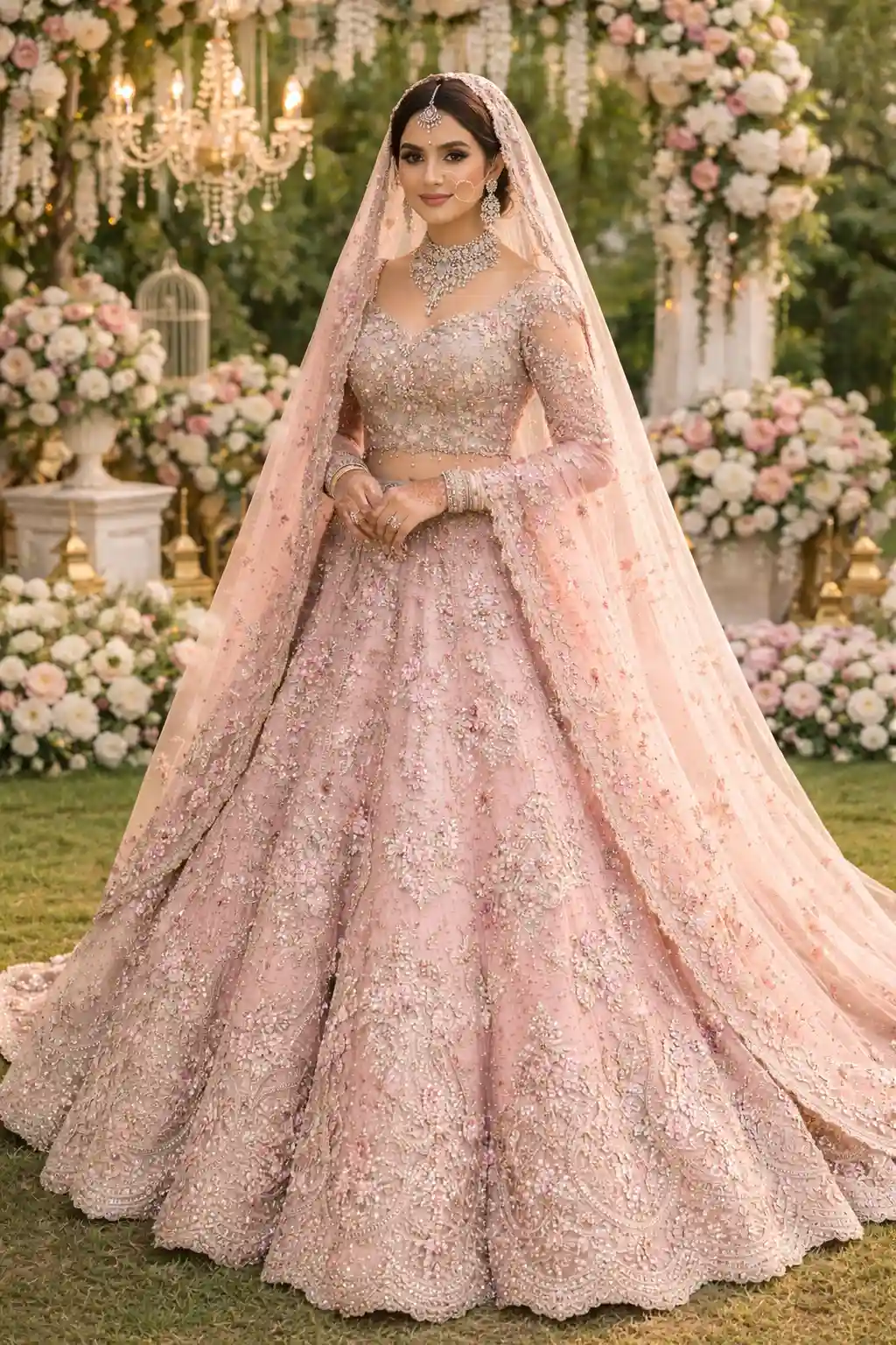 rose gold bridal lehenga crystal embroidery sparkling pastel wedding dress modern princess look