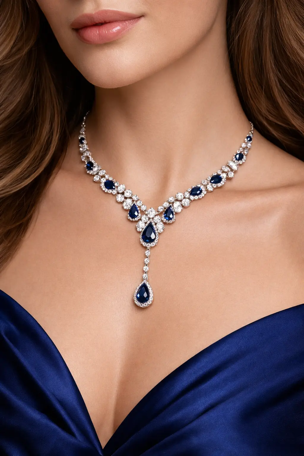 Blue sapphire and diamond statement necklace design with teardrop stones