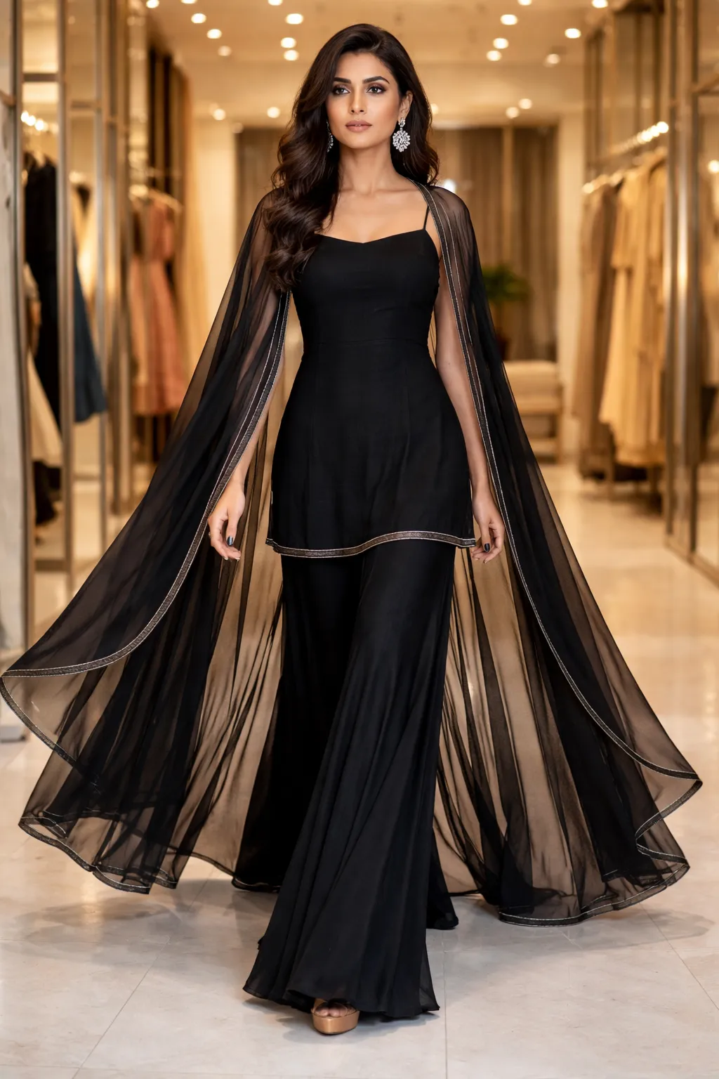 Classic black flowy sharara set with sheer dupatta