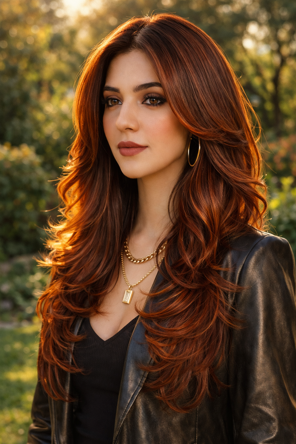 Copper auburn brown long layered hair glowing in sunlight vibrant warm tone bold statement color