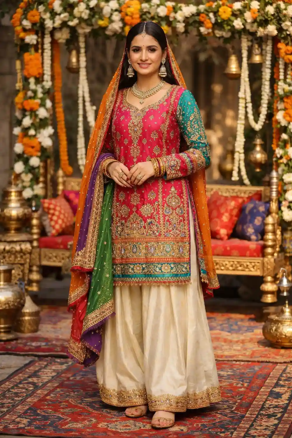 Multicolor embroidered bridal mehndi dress farshi gharara outfit