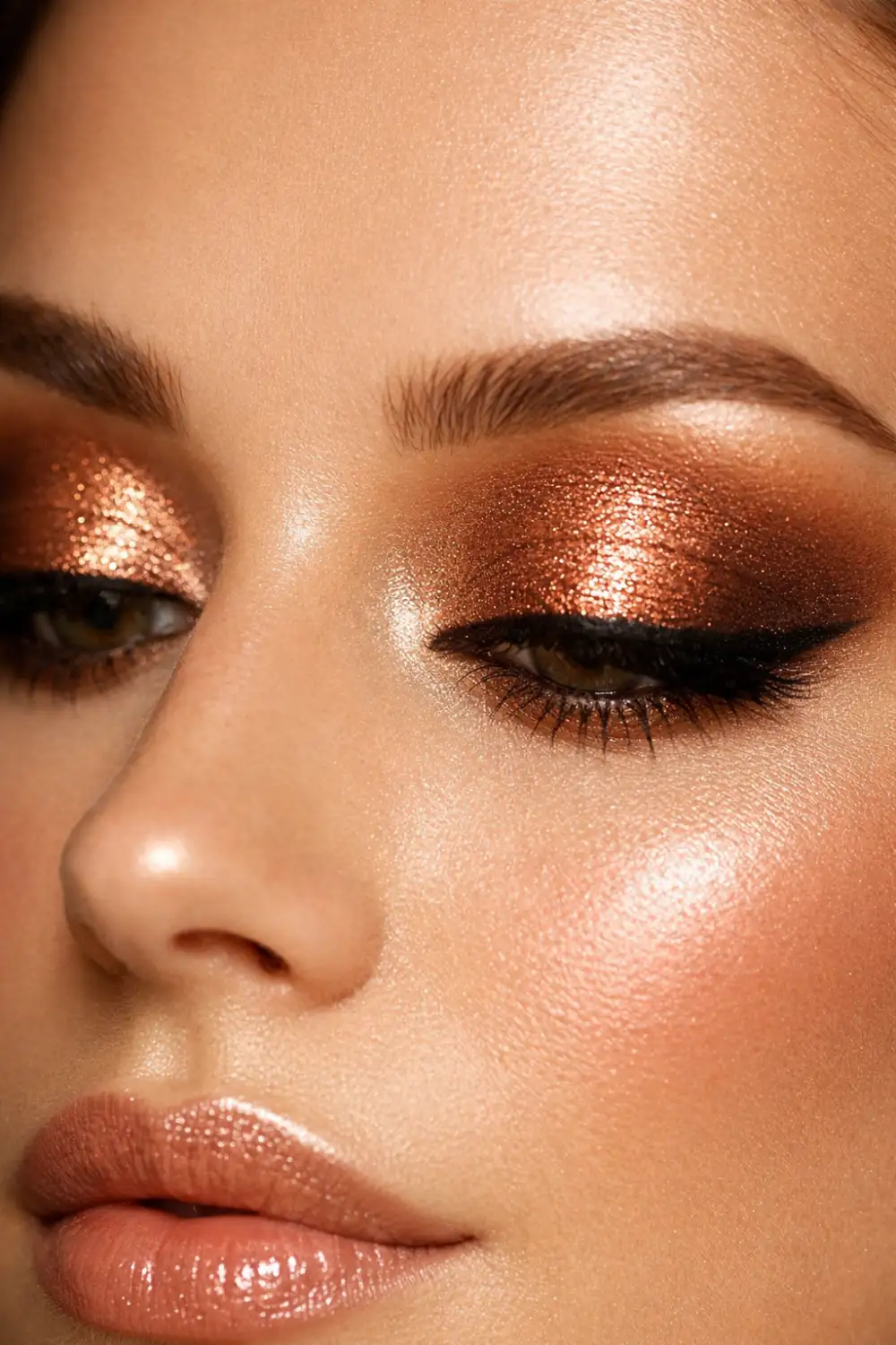 metallic copper glam eyeshadow for hooded eyes high shine makeup