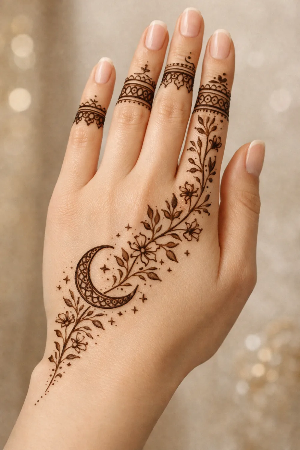 crescent star floral eid mehndi design modern festive hand