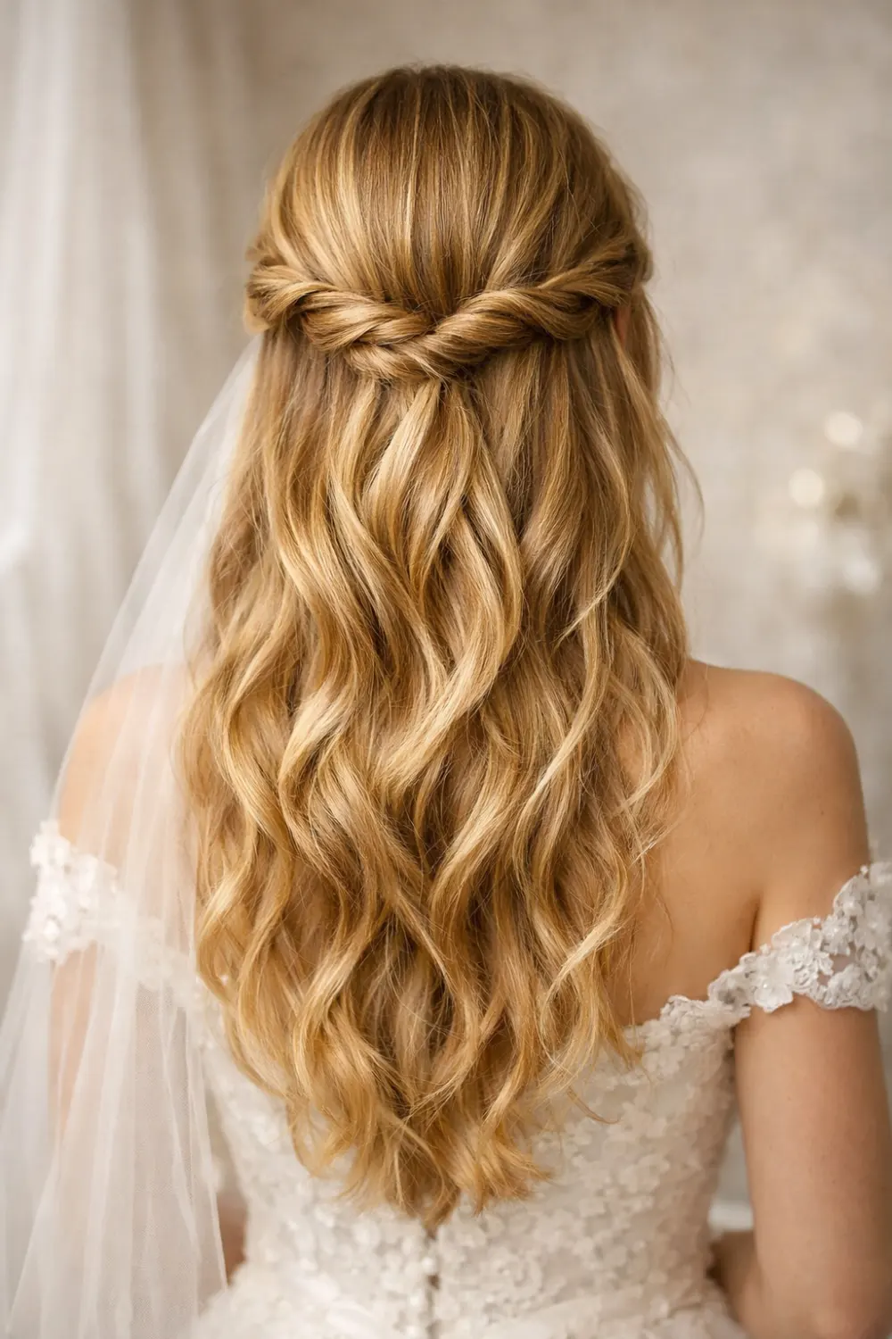 soft twisted blonde half up half down wedding hairstyle