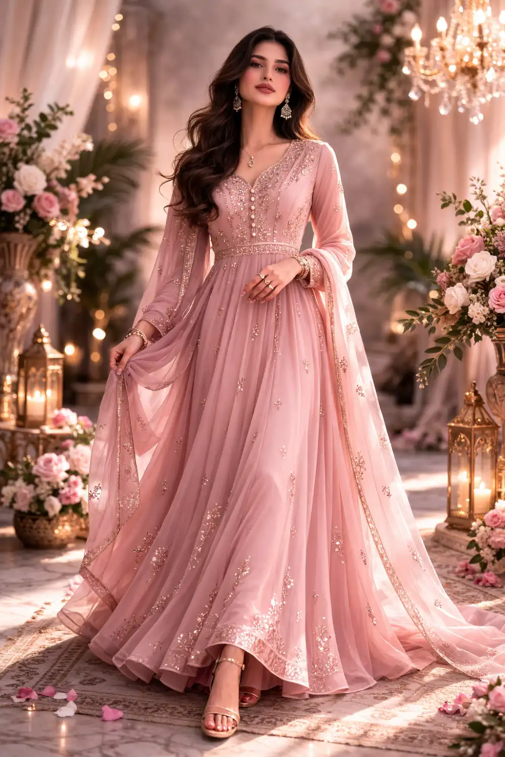 Blush rose luxury Anarkali Eid dress with shimmer embroidery and flowing dupatta, elegant Pakistani festive gown