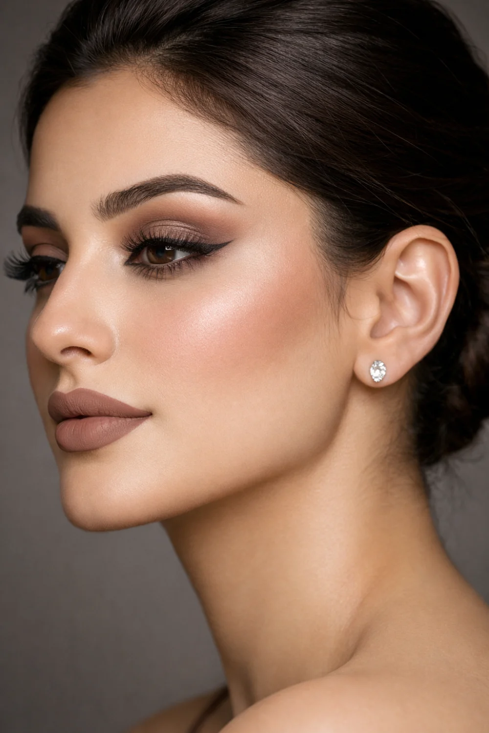 Taupe brown full glam makeup with soft taupe eyeshadow, dramatic lashes, winged liner, sculpted matte skin, neutral contour, and nude brown lips