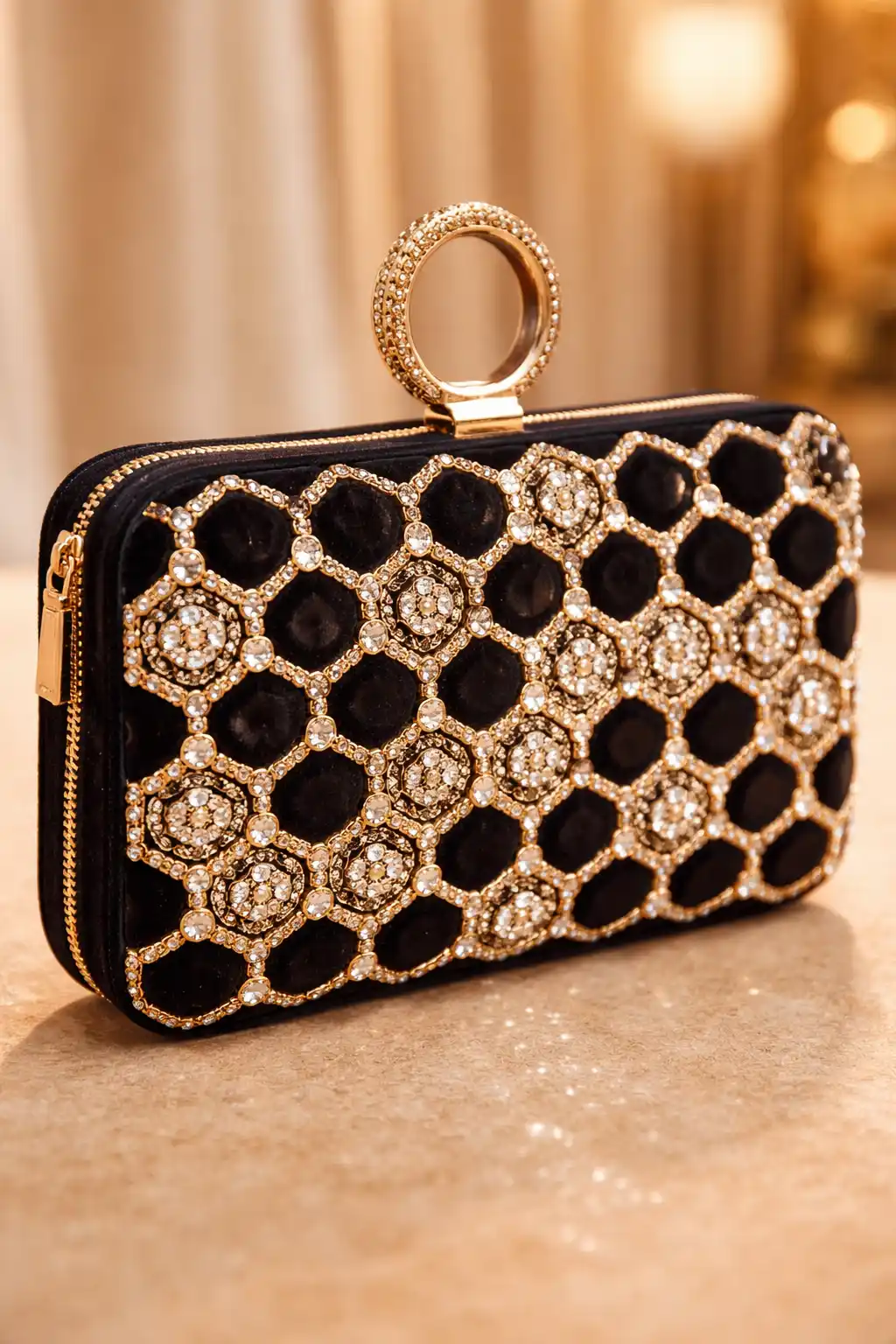 Black velvet bridal clutch with gold honeycomb crystal pattern and ring clasp luxury statement wedding handbag