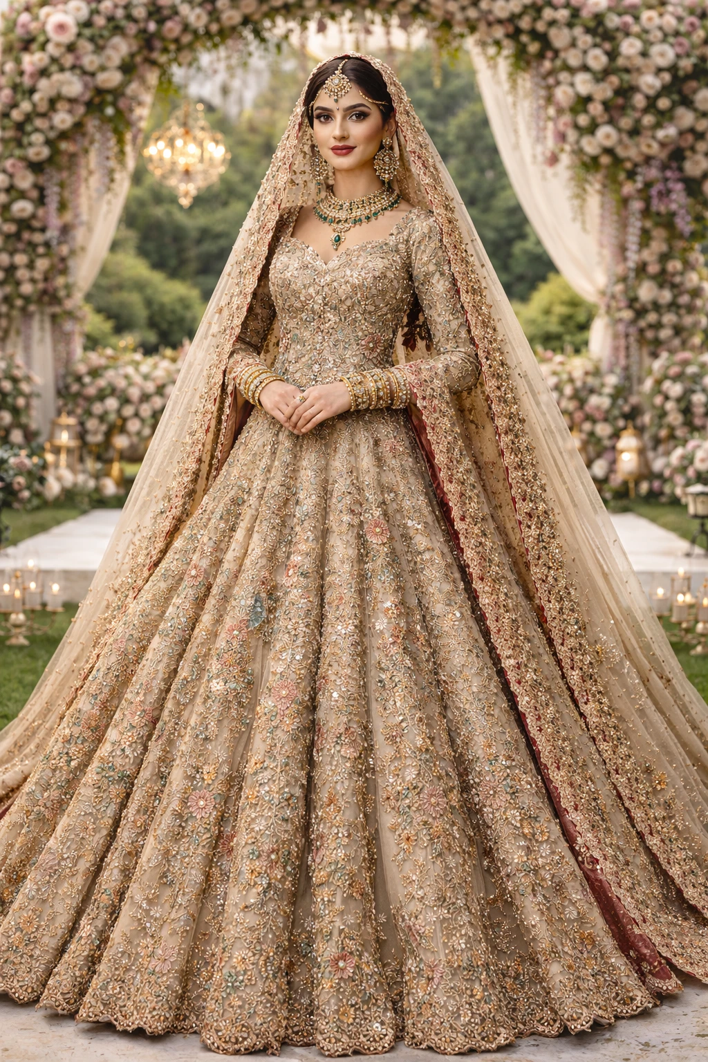 nude beige bridal lehenga floral embroidery heavy gold work designer Pakistani bridal couture