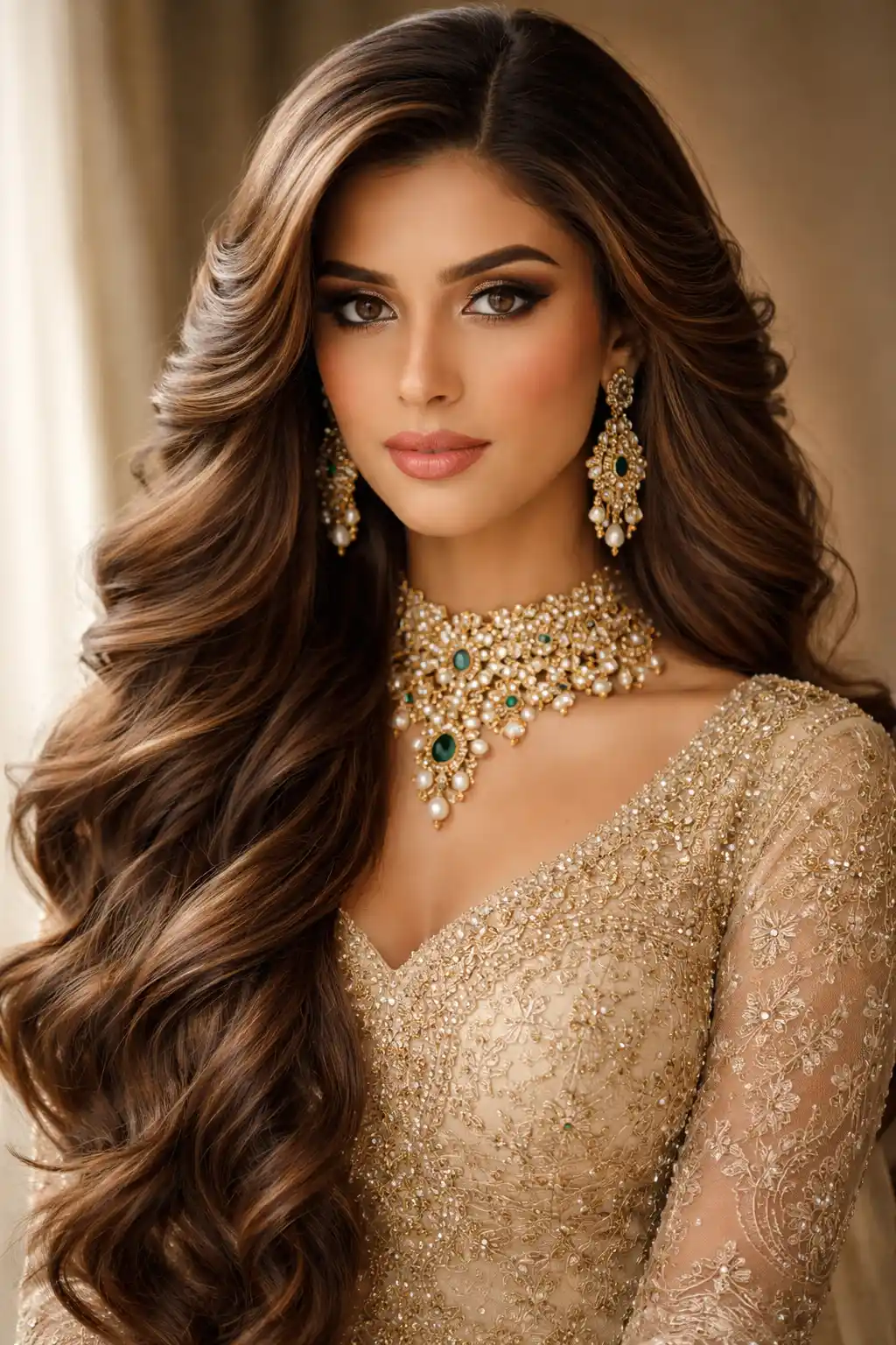 Bridal deep side part hairstyle with dramatic voluminous waves cascading over one shoulder, defined curls and glossy finish