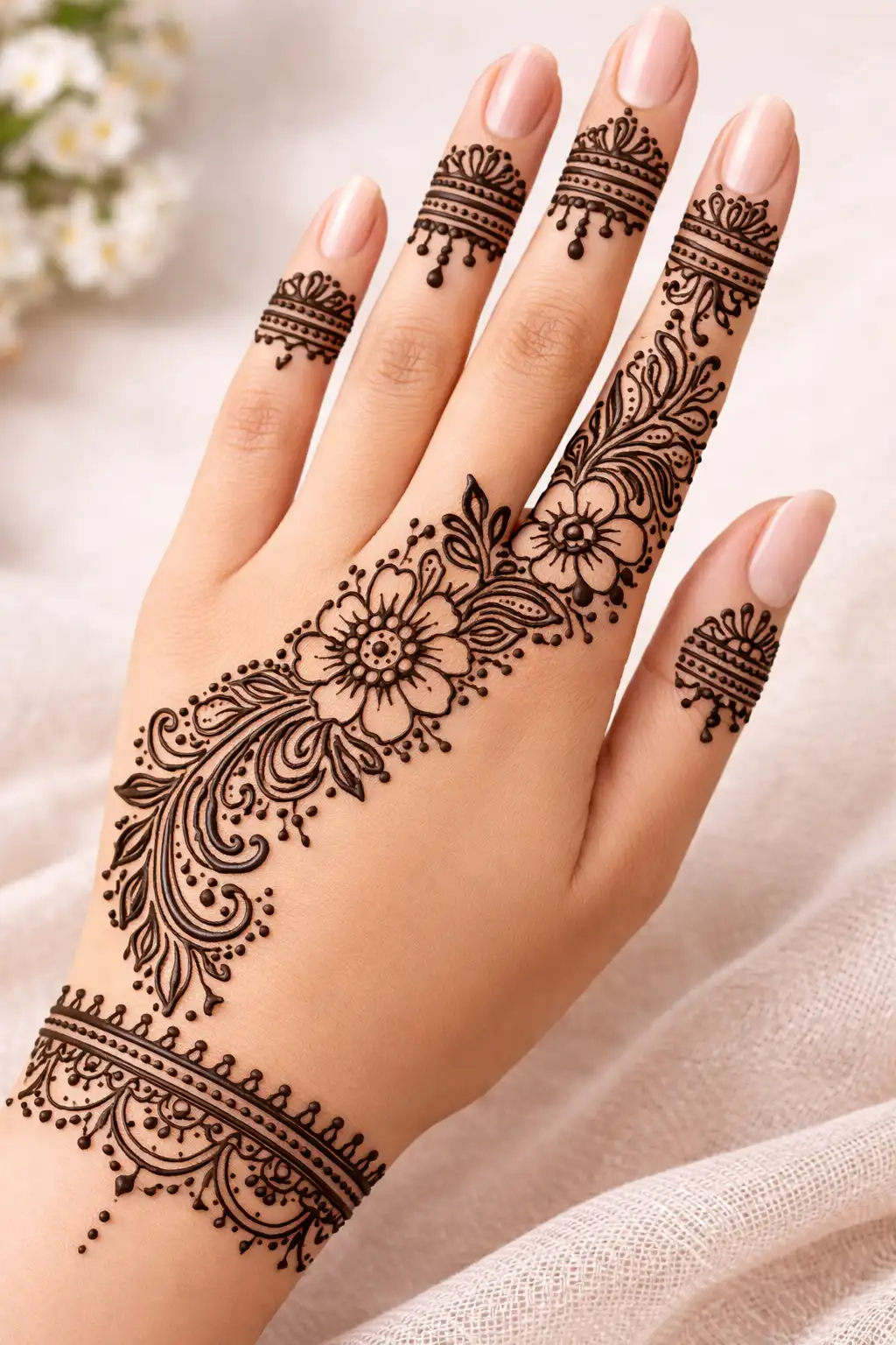 Diagonal floral vine back hand mehndi design with decorative finger rings