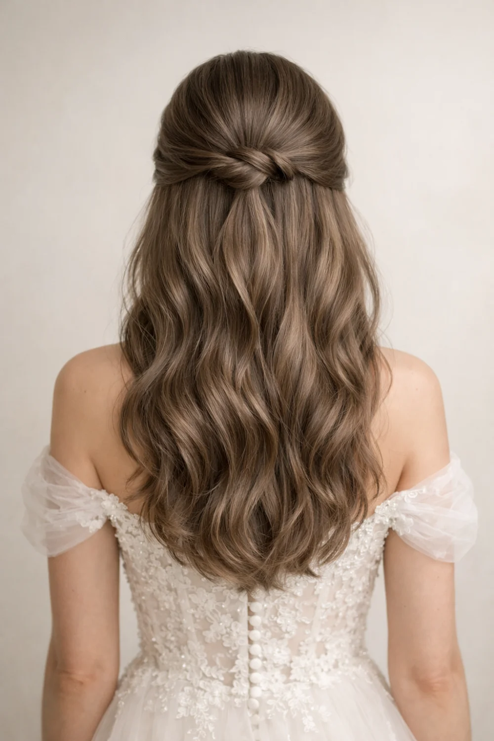 minimal twisted half up half down wedding hairstyle with loose waves