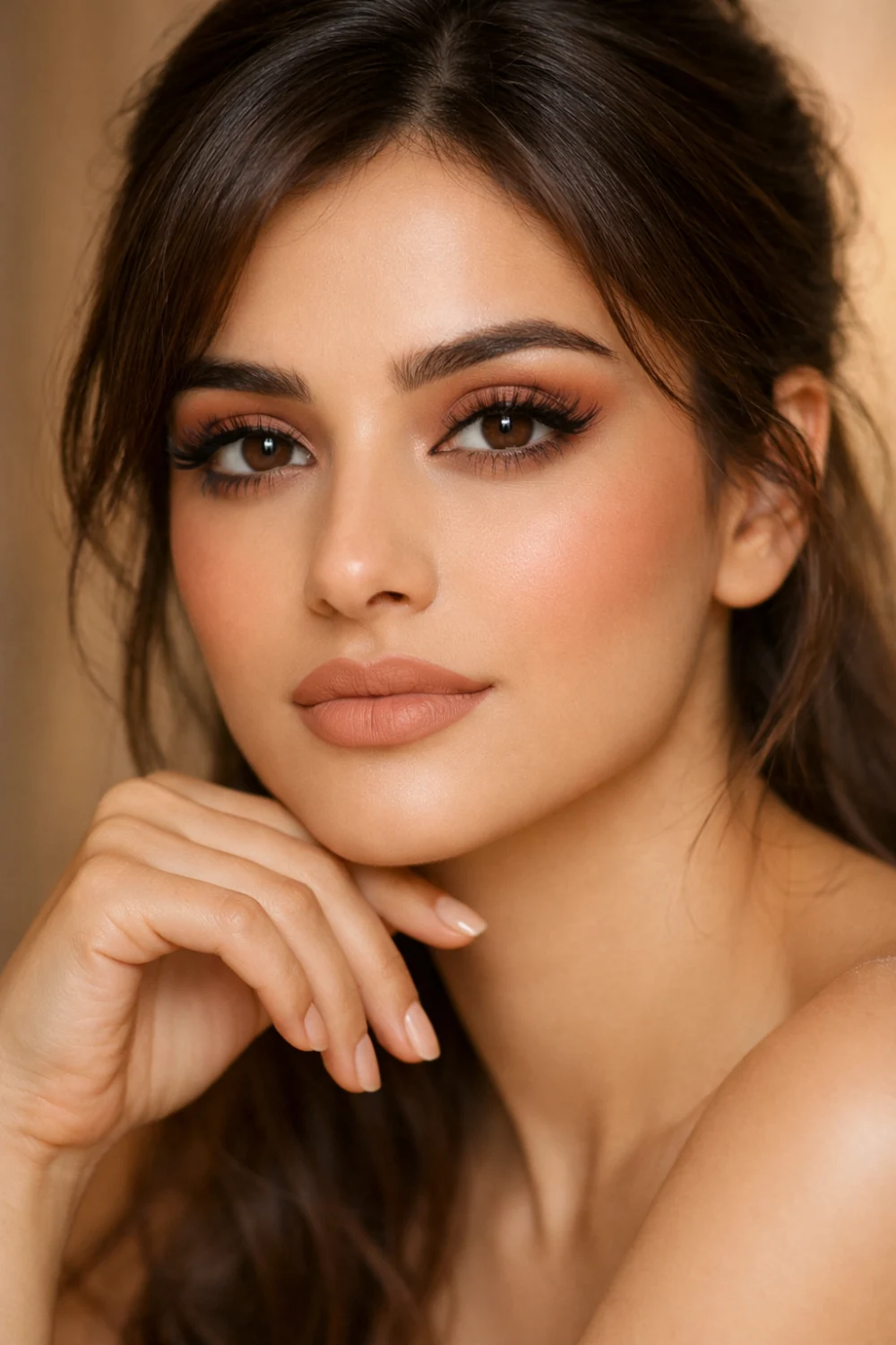 Warm nude full glam makeup look with neutral eyeshadow, wispy lashes, precise eyeliner, matte full coverage skin, soft contour, and creamy nude lips
