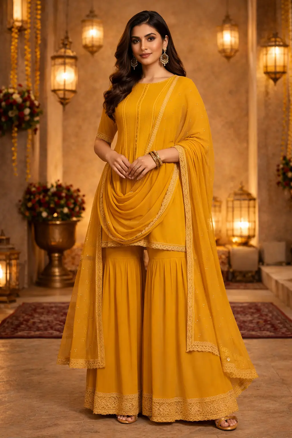 Mustard gold straight cut sharara set with festive vibe