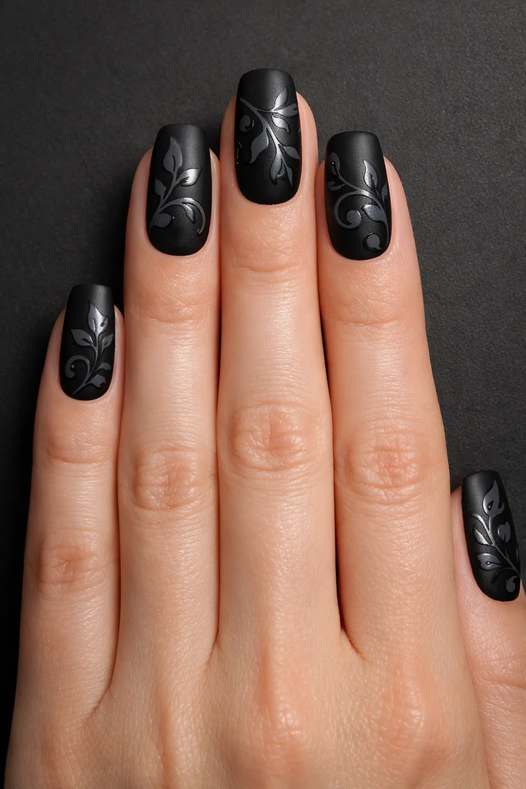 Matte black blooming gel nail art with glossy scroll pattern design