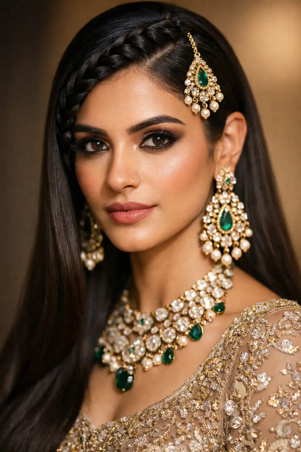 Bridal sleek straight hairstyle with neat side braid along hairline, ultra-smooth glossy strands flowing down, structured modern wedding styling