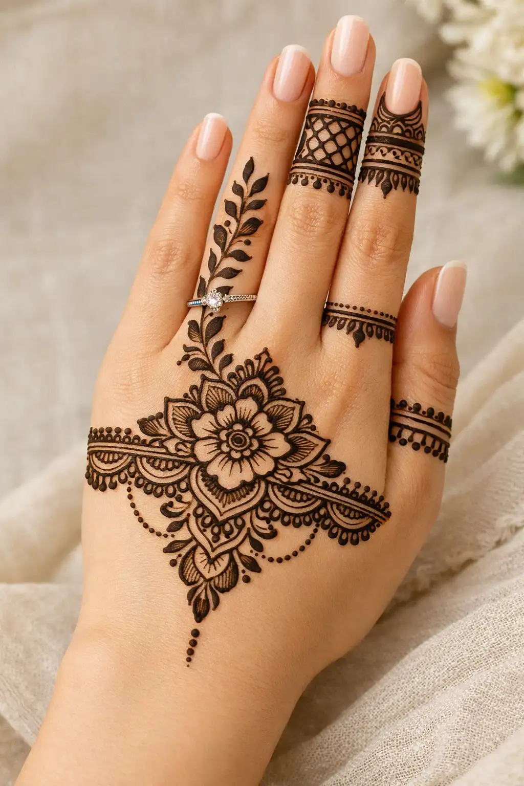 Centered floral band back hand mehndi design with leafy finger detail