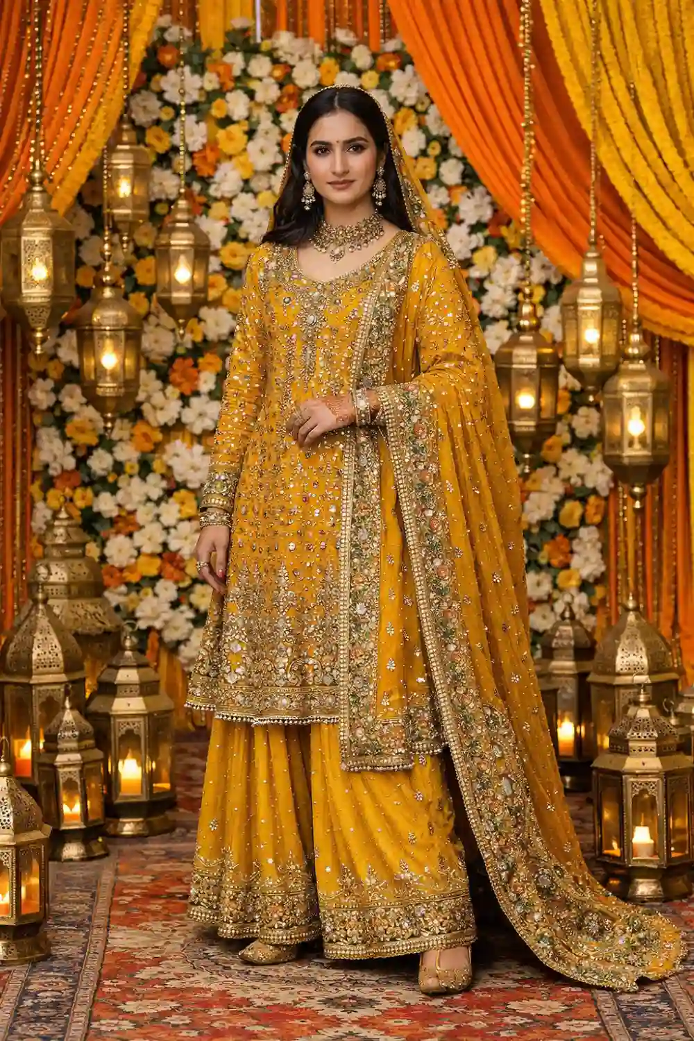 Mustard gold heavy embroidered bridal mehndi dress gharara