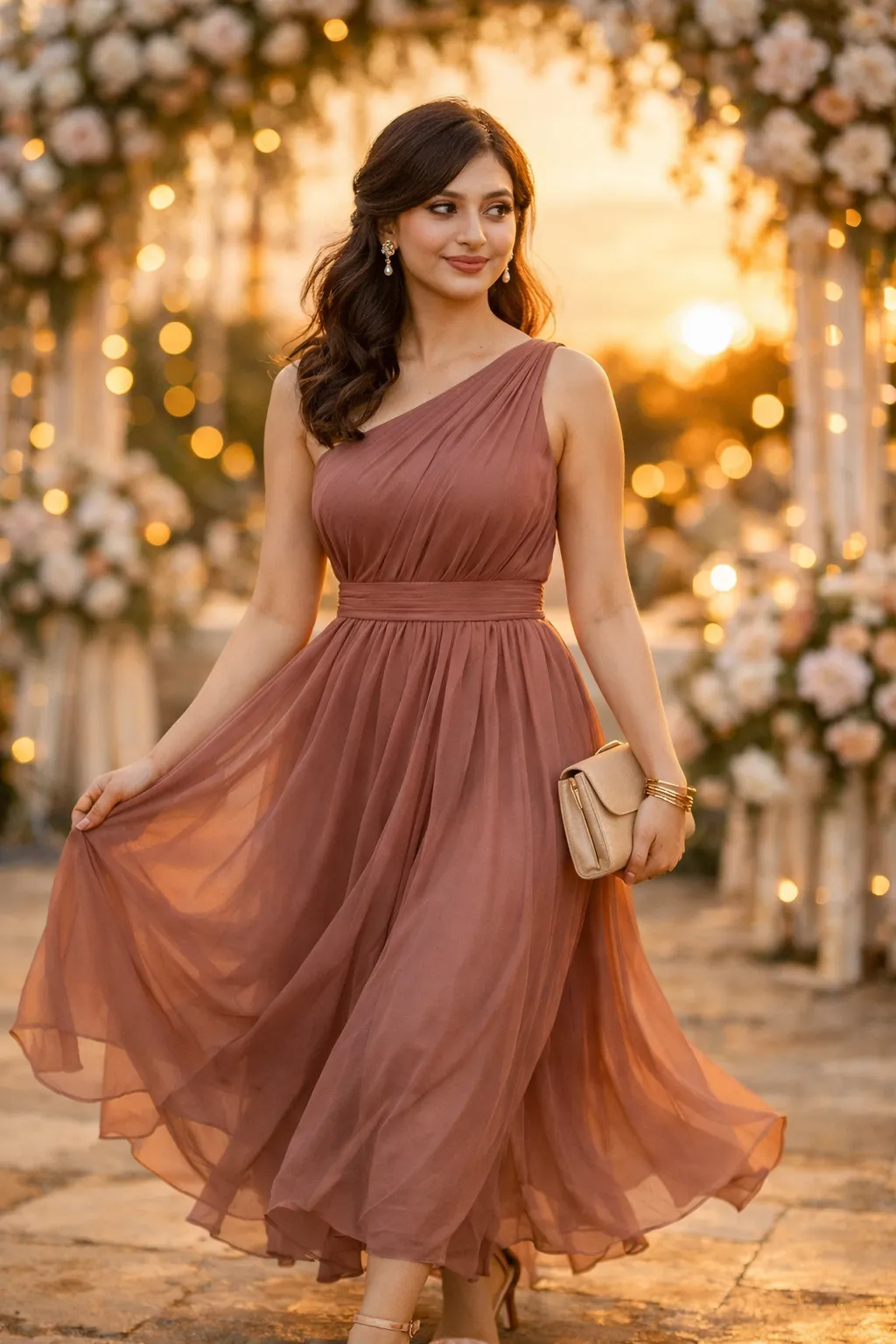 rust chiffon one shoulder maxi dress at golden hour garden wedding