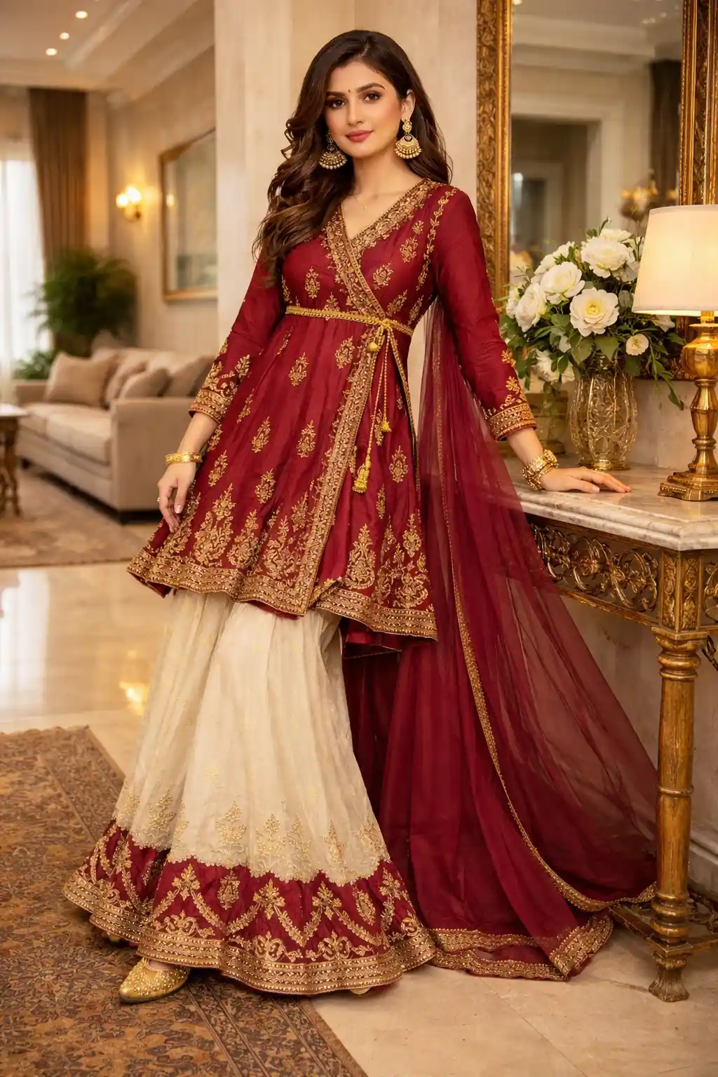 Wine red embroidered anarkali with gold gharara and net dupatta royal festive Eid dress for girls