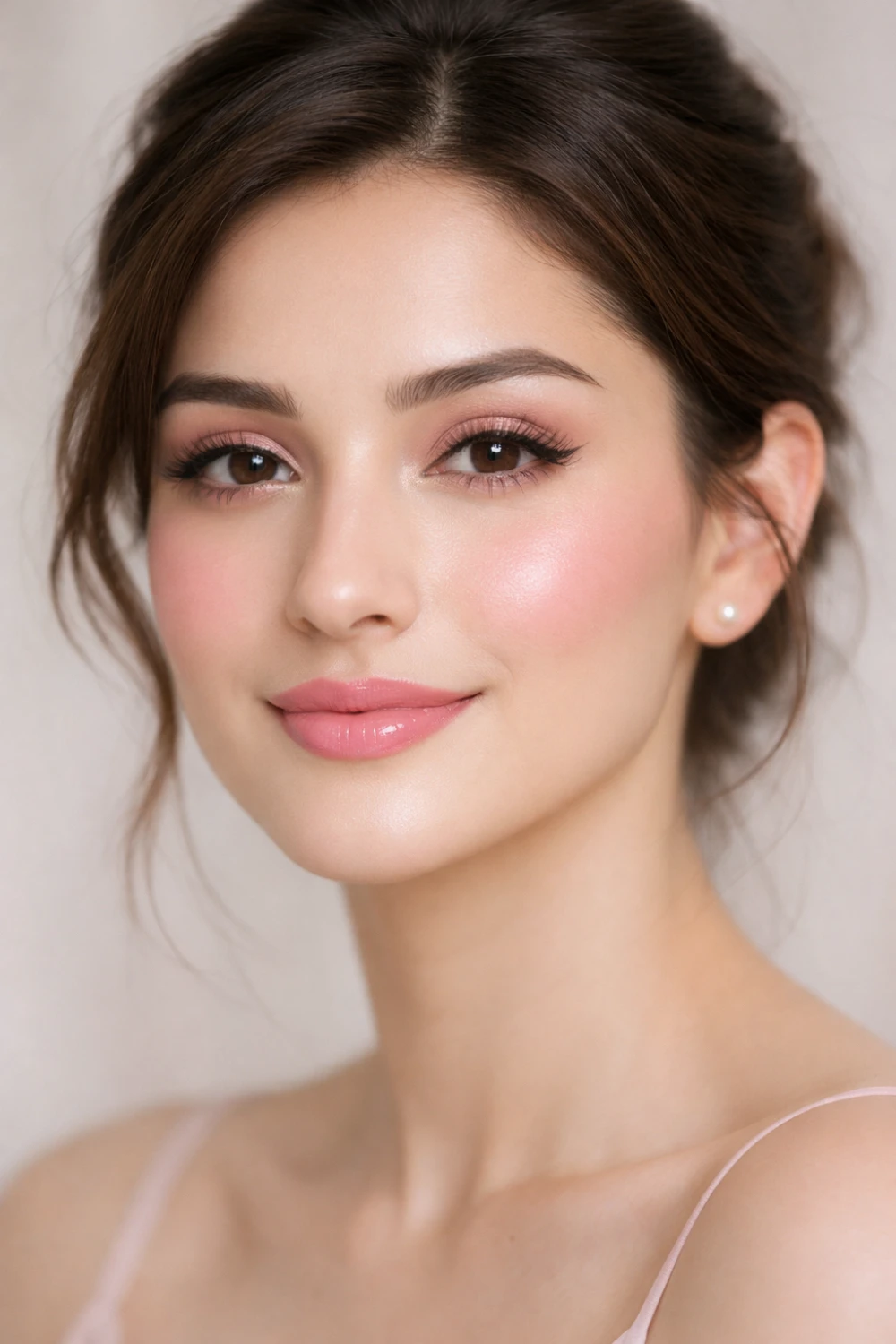 Fresh pink full glam makeup with bright pink eyeshadow, dramatic lashes, winged liner, flawless matte base, rosy cheeks, and glossy pink lips