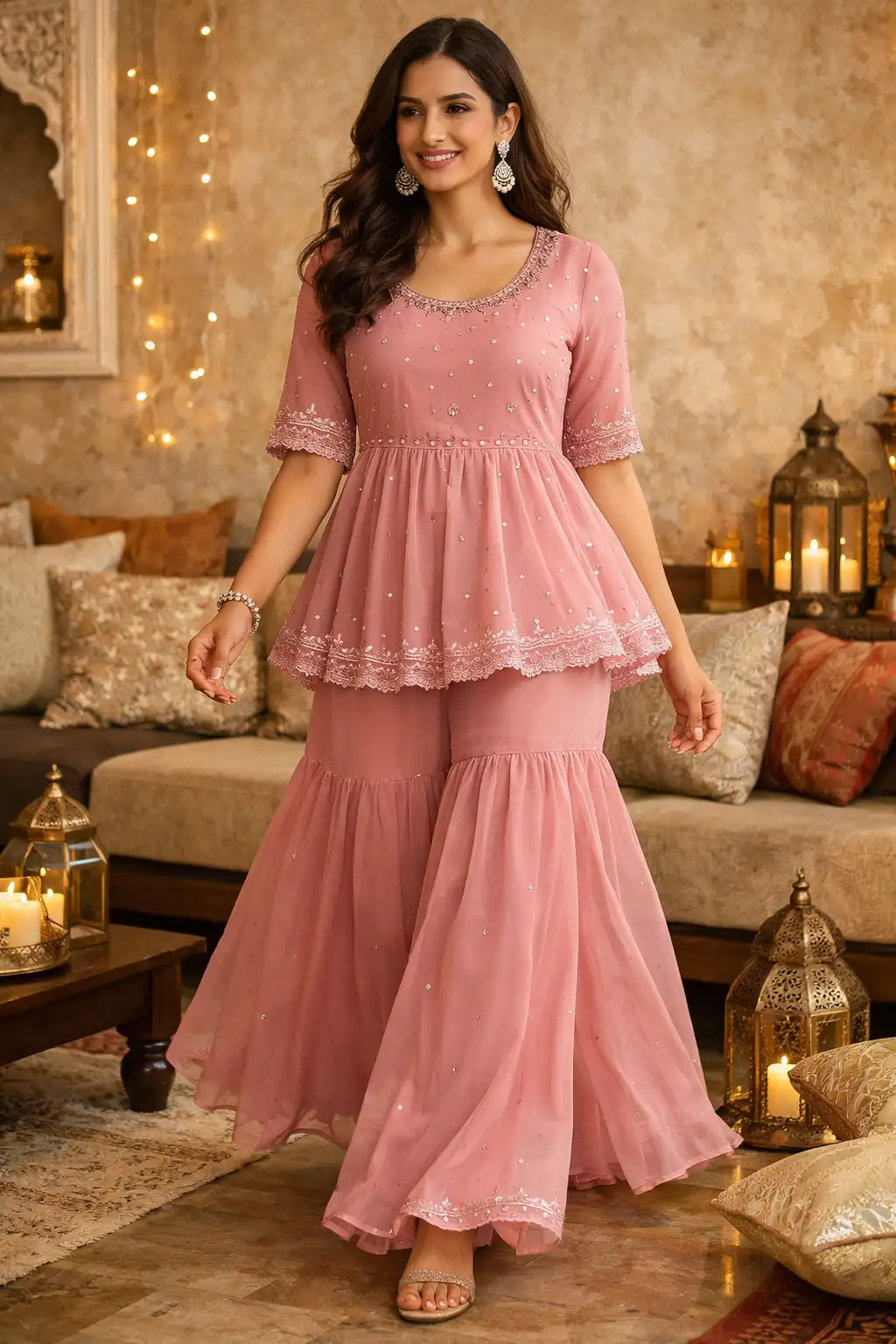 Blush pink embellished peplum sharara set