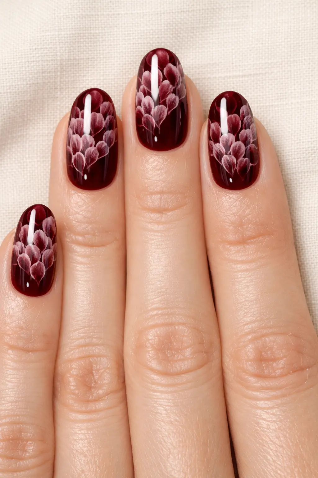 Ruby red blooming gel nail art with soft layered petal floral design